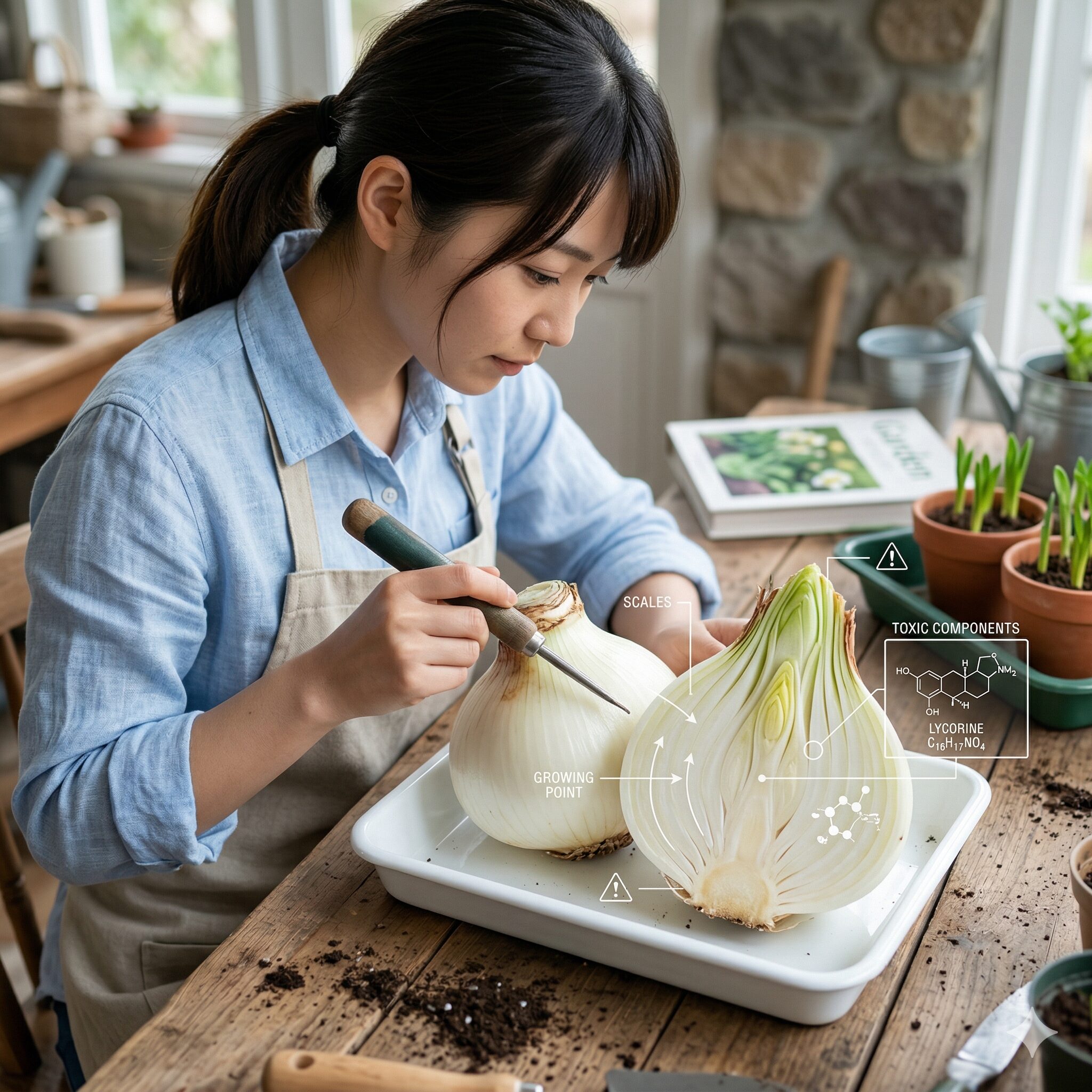 水仙の白 意味4　白い水仙の球根とその断面を捉えた、植物学的な毒性リコリンに関する解説写真。