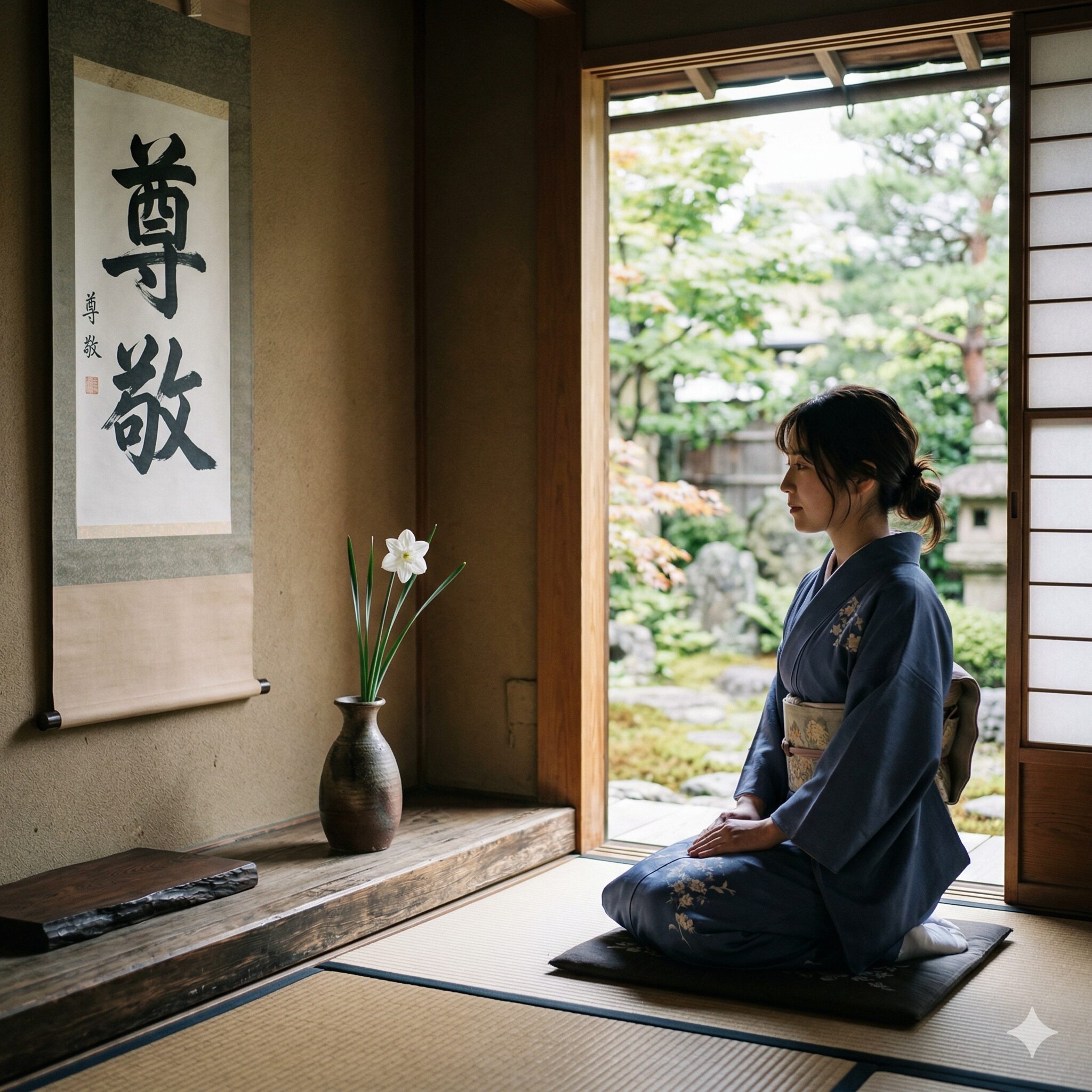 水仙の白 意味6　伝統的な和室の床の間に凛と一輪生けられた、高潔さを象徴する白い水仙。