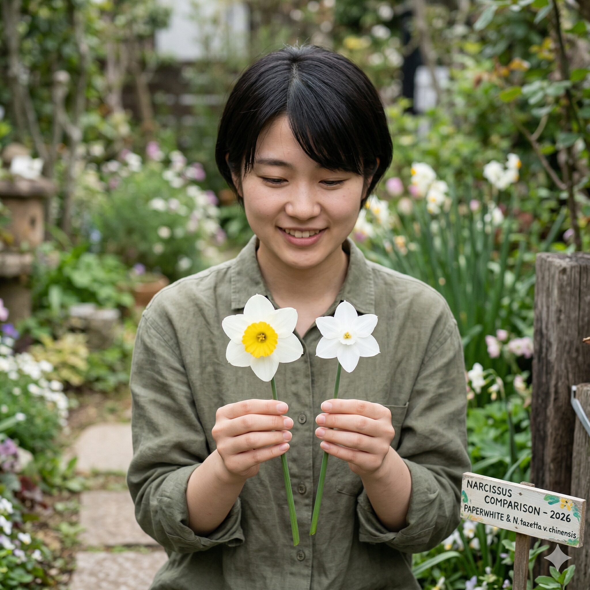 水仙の白 意味7　黄色い副花冠を持つ日本水仙と、完全な純白のペーパーホワイトの品種を比較した写真。