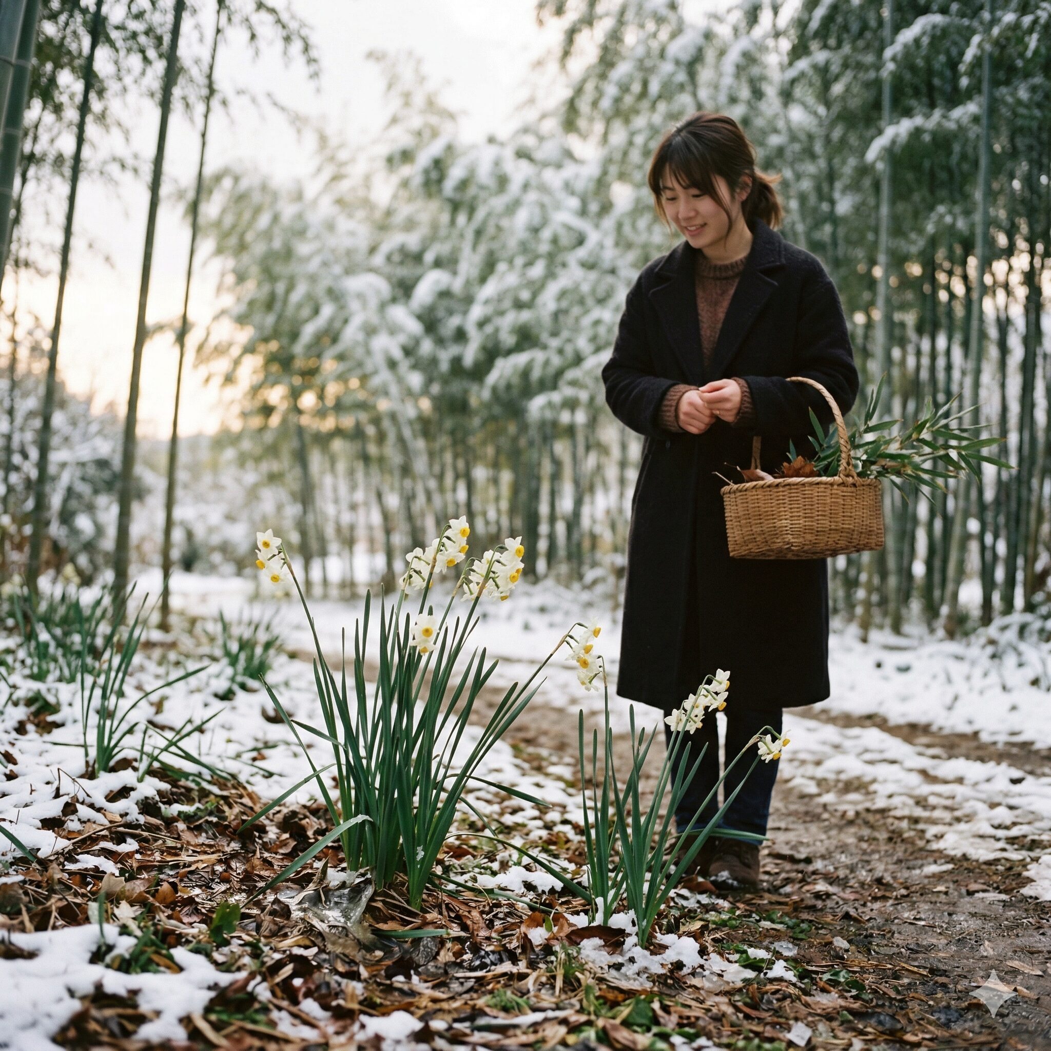 水仙の白 意味8　わずかに雪が残る地面から力強く咲く、不屈の精神性「雪中花」を体現した白い水仙。
