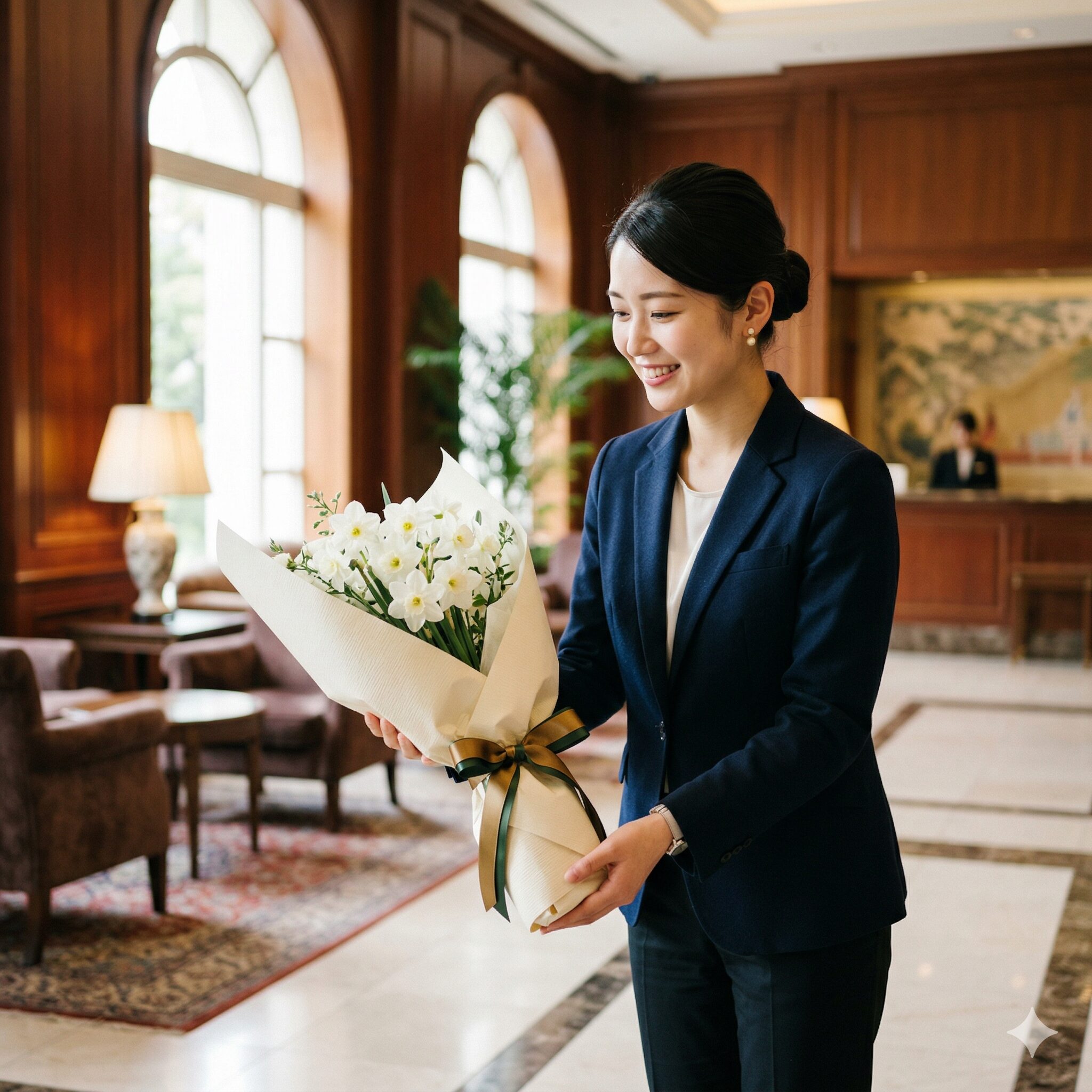 水仙の白 意味9　尊敬の気持ちを伝えるために、気品のあるラッピングが施された白い水仙の花束。