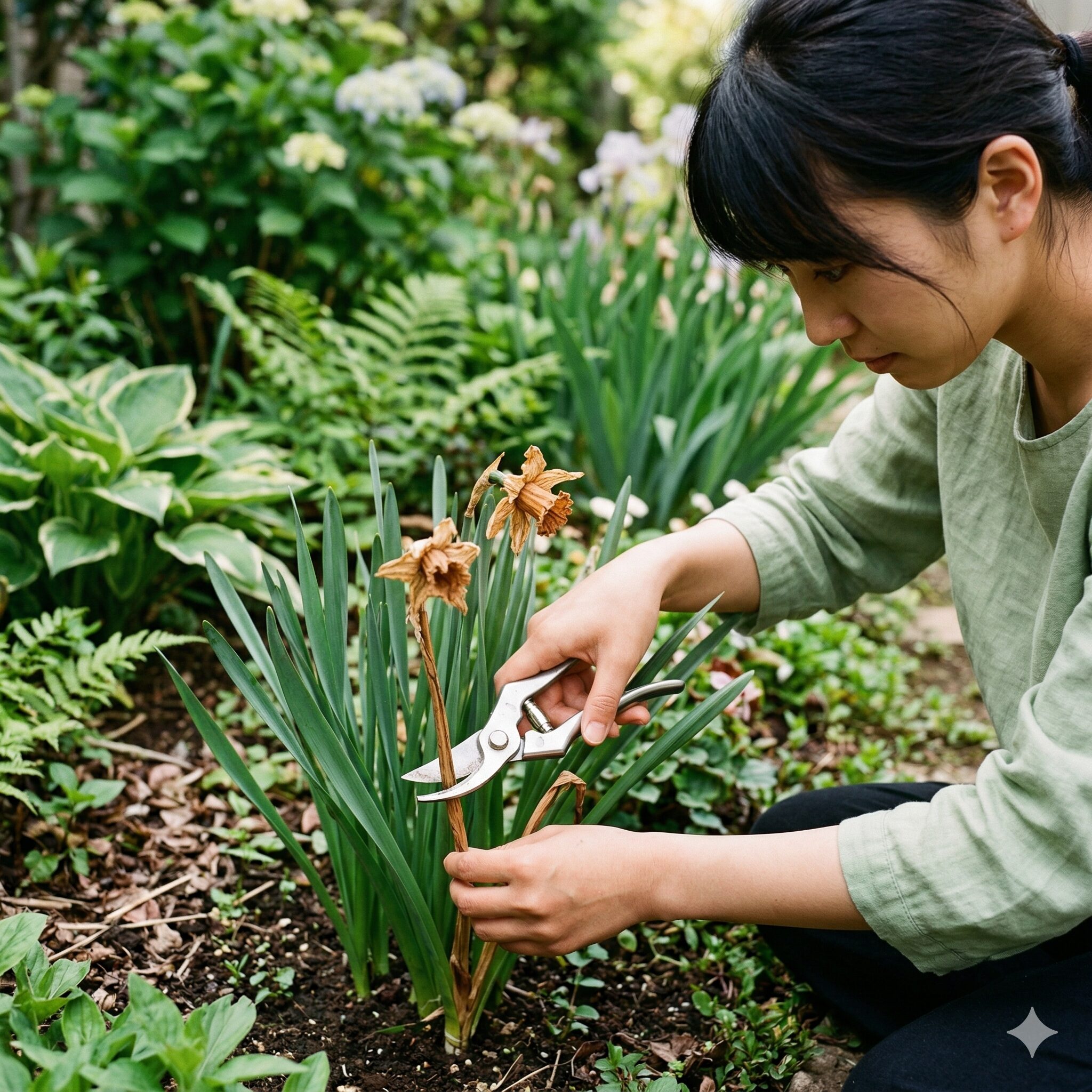 水仙の花が終わったら葉っぱはどうする2 清潔なハサミで、萎れた水仙の花と花茎を葉を避けながら切り取る様子