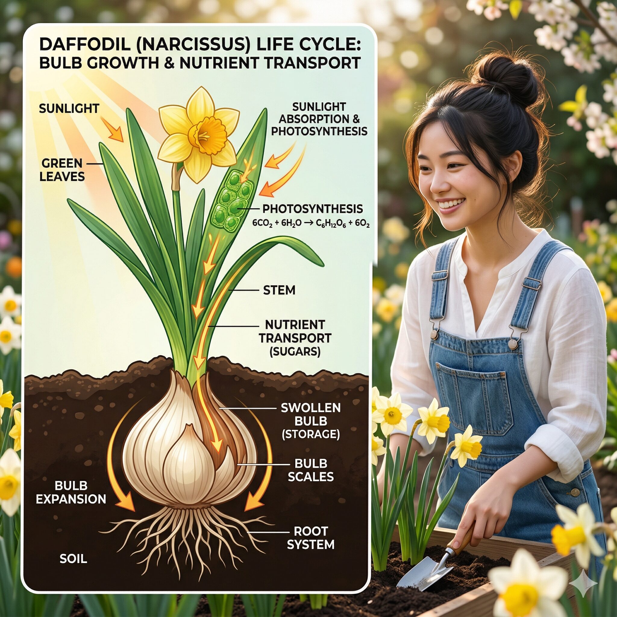 水仙の花が終わったら葉っぱはどうする3 水仙の葉の光合成により、栄養が地下の球根へ移動して肥大する仕組みの図解