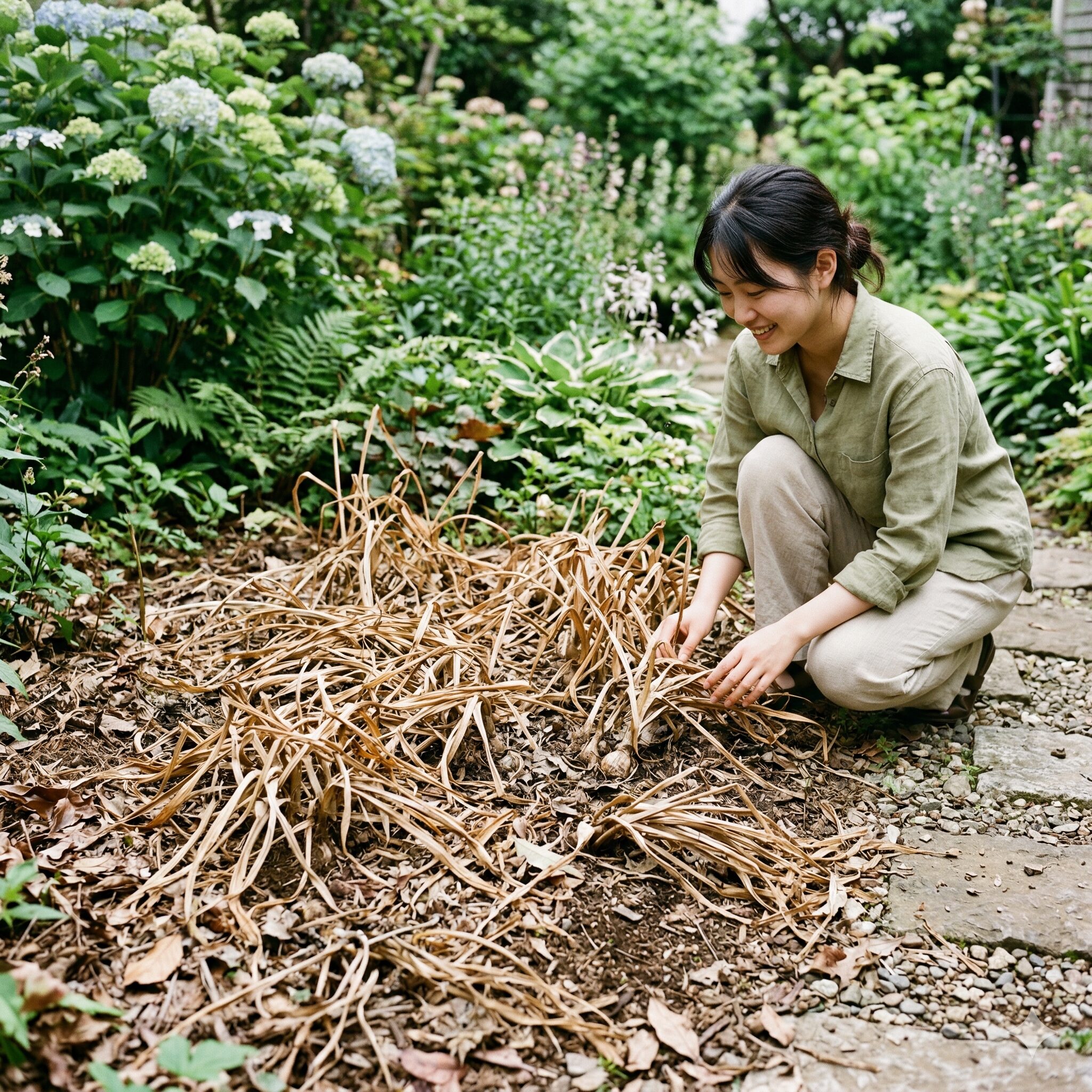 水仙の花が終わったら葉っぱはどうする4 全体的に茶色く枯れて完全に乾燥し、地面に倒れた水仙の葉