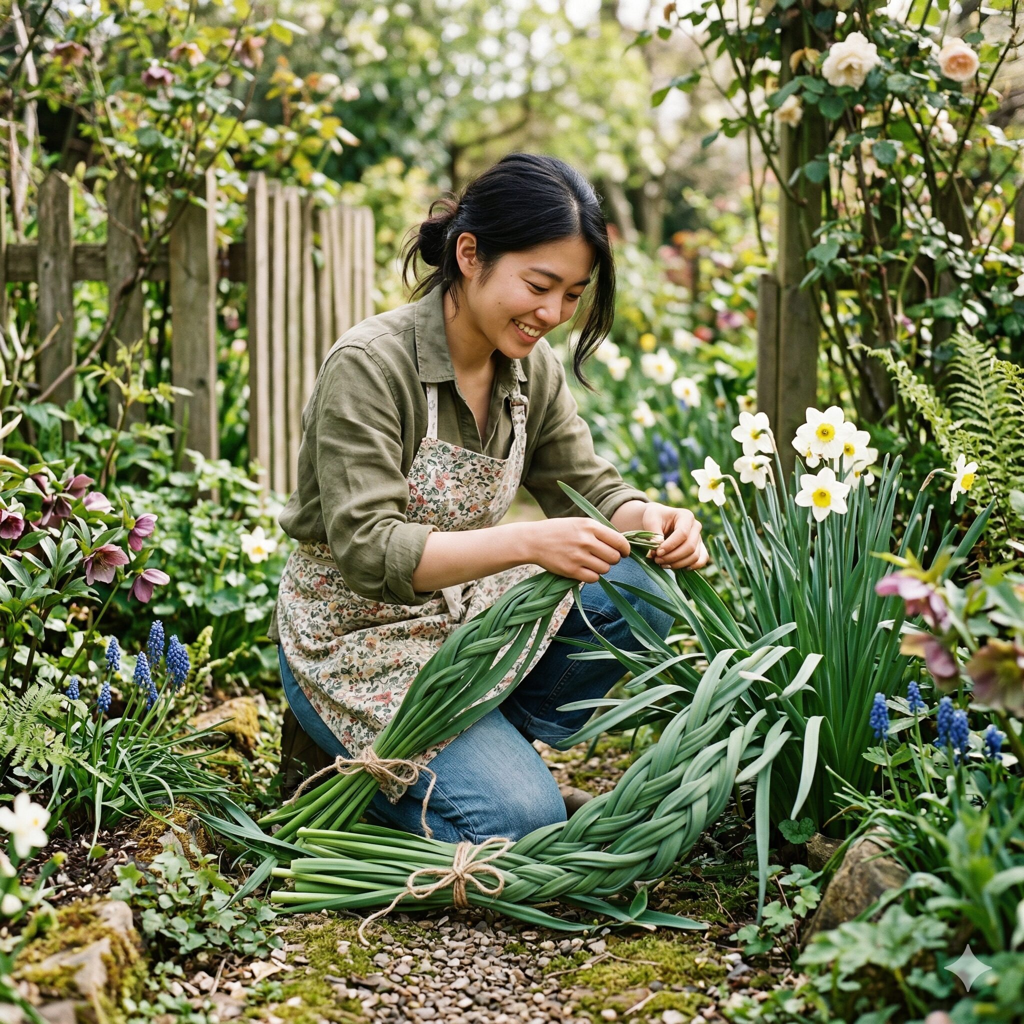 水仙の花が終わったら葉っぱはどうする5 通気性を確保し、ふんわりと緩く三つ編みにされた水仙の葉