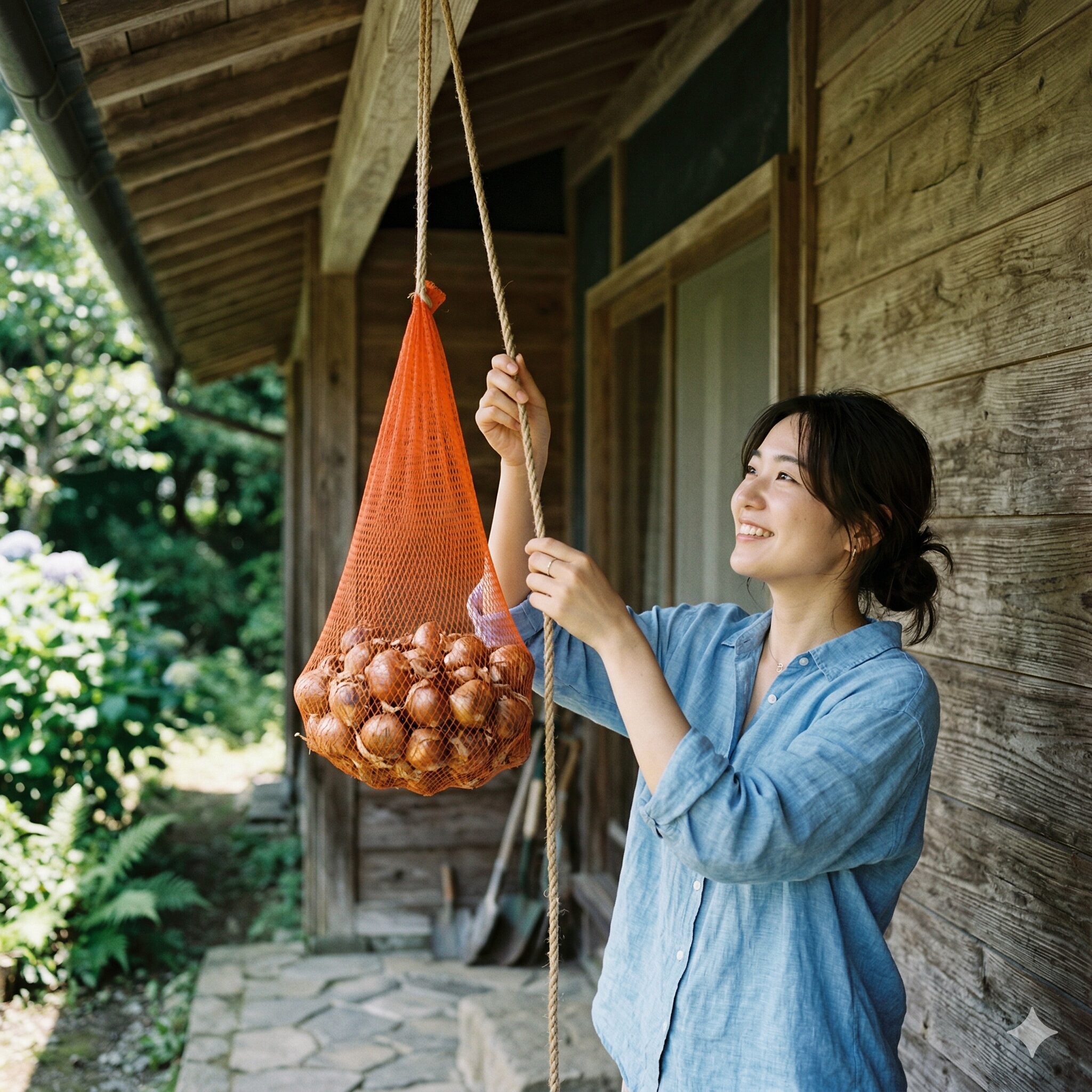 水仙の花が終わったら葉っぱはどうする9 ネットに入れられ、風通しの良い日陰で吊るして保存される水仙の球根