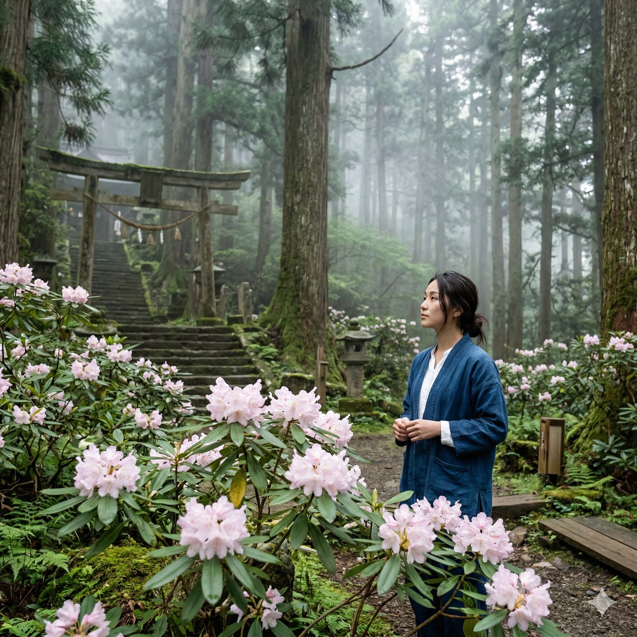 芍薬 シャクナゲ 違い10 高尾山薬王院の杉林の中に咲き誇る日本シャクナゲの群生