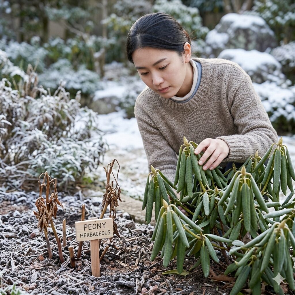 芍薬 シャクナゲ 違い2 冬の庭で地上部が消えた芍薬の植え場所と常緑の葉を保つシャクナゲの比較写真