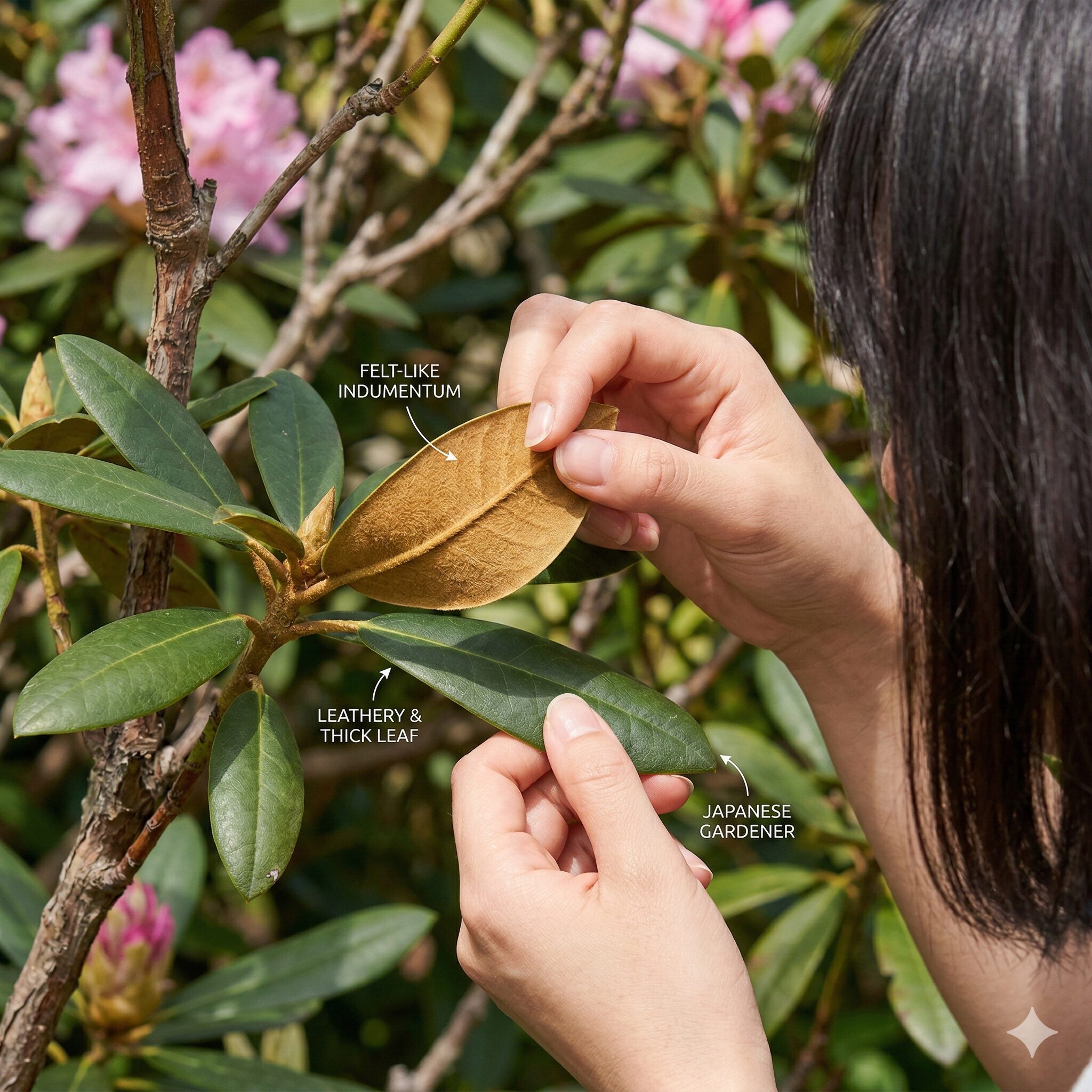 芍薬 シャクナゲ 違い4 シャクナゲの肉厚な葉の裏側にある茶褐色の細かい毛の質感