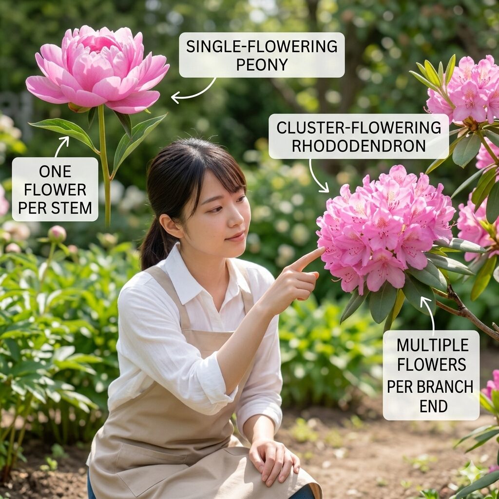 芍薬 シャクナゲ 違い5 一本の茎に一輪咲く芍薬と枝先に複数の花が密集して咲くシャクナゲの構造比較