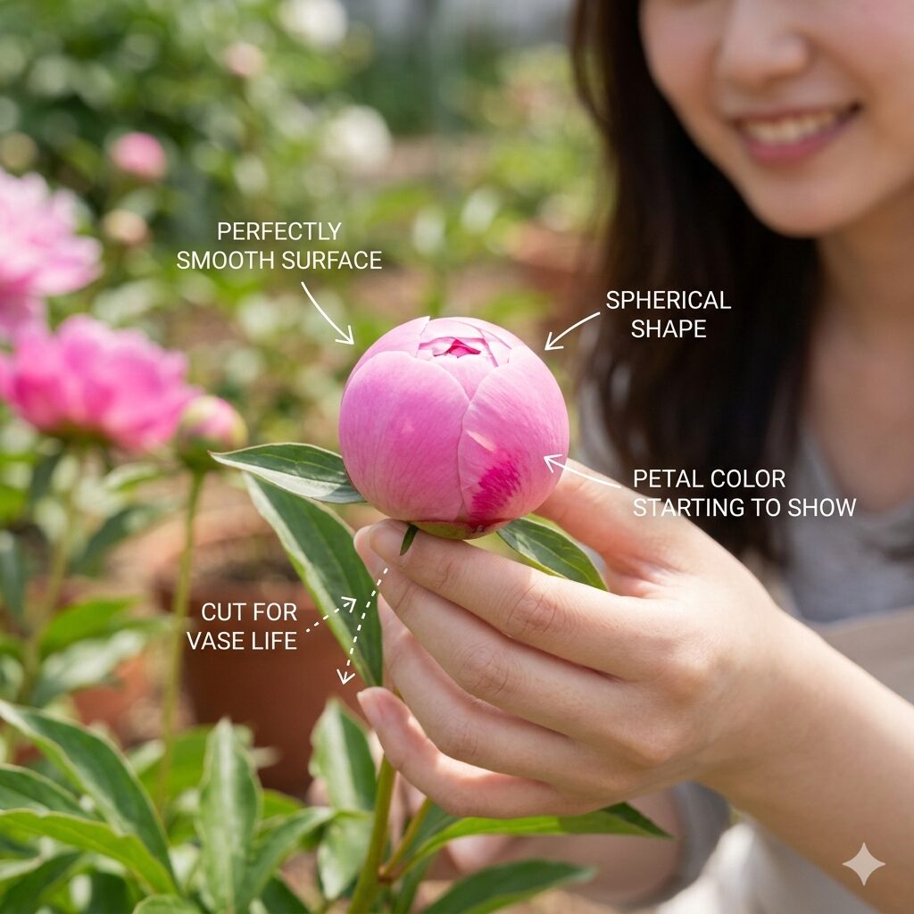 芍薬 シャクナゲ 違い6 完璧な球形をした滑らかでツヤのある芍薬のつぼみ