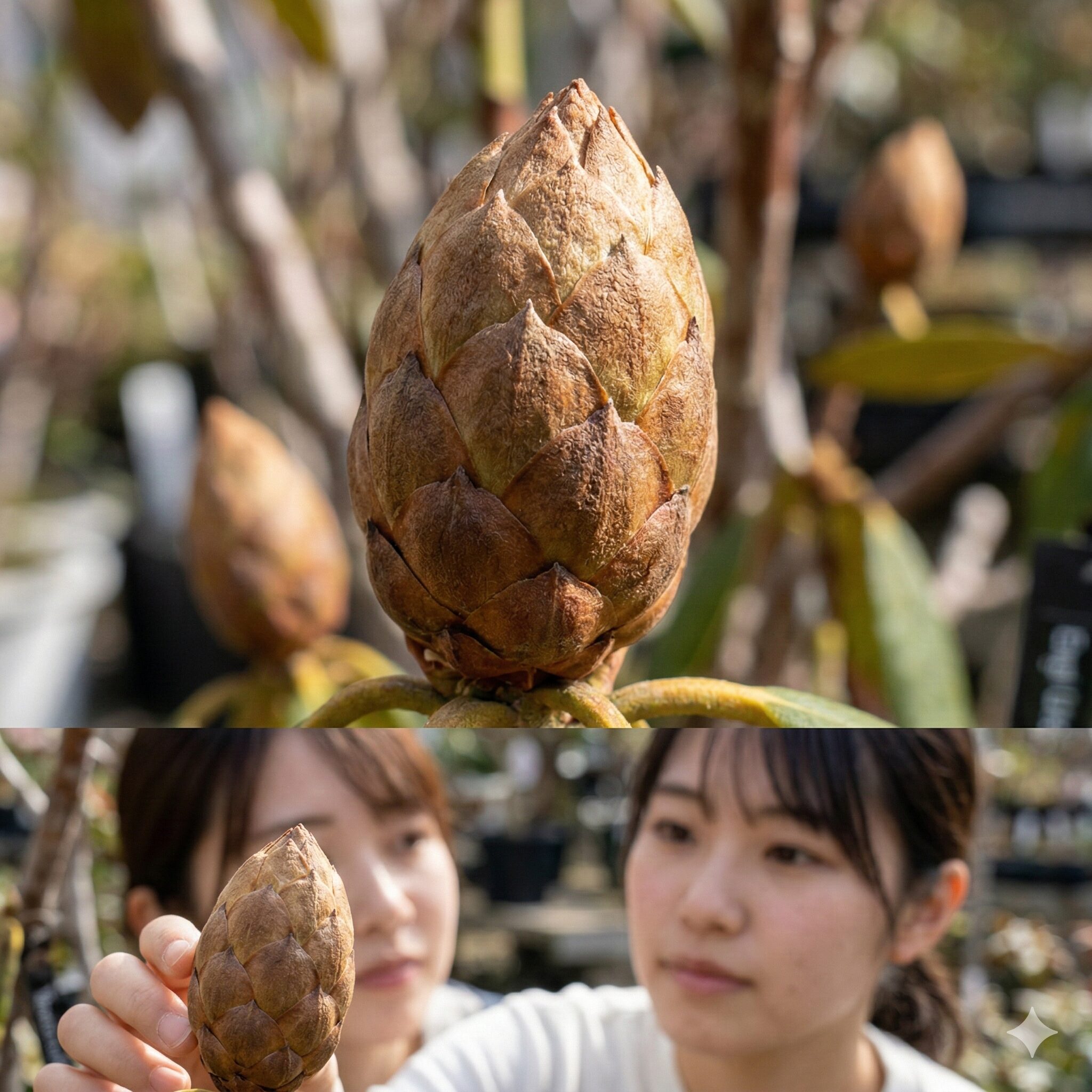 芍薬 シャクナゲ 違い7 鱗片に包まれたラグビーボール状のシャクナゲのつぼみ