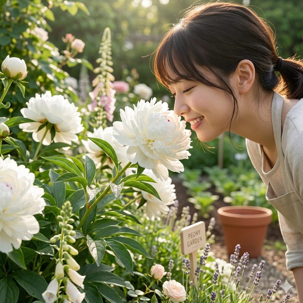 芍薬 シャクナゲ 違い8 芳醇な香りを放つ満開のピオニー(洋芍薬)とその香りを愉しむ様子