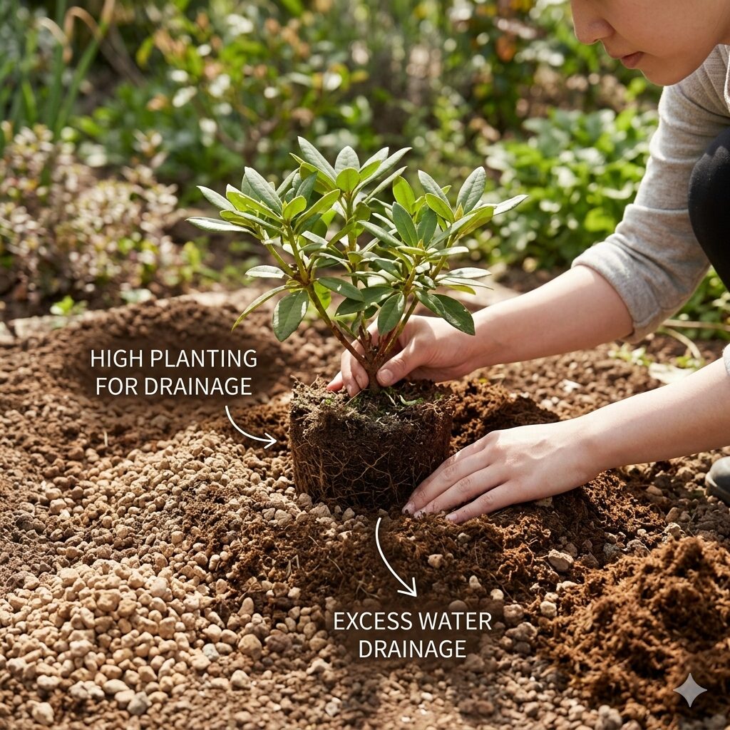 芍薬 シャクナゲ 違い9 鹿沼土などを使用したシャクナゲに適した酸性土壌での植え付け作業