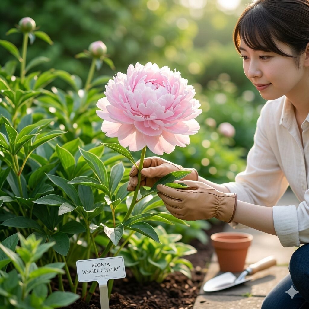 芍薬 育て方 難易度1　初夏の庭で美しく咲き誇る淡いピンクの八重咲き芍薬の大輪