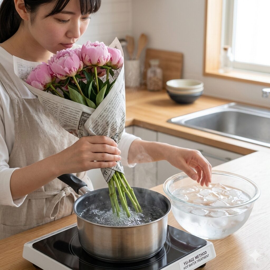 芍薬 育て方 難易度10　芍薬の切り花の吸水を高めるために茎の先端を熱湯に浸ける湯揚げ処理の様子