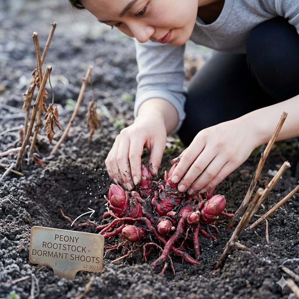 芍薬 育て方 難易度2　春の開花に向けて冬の土壌で静かに休眠する芍薬の赤く健康な新芽