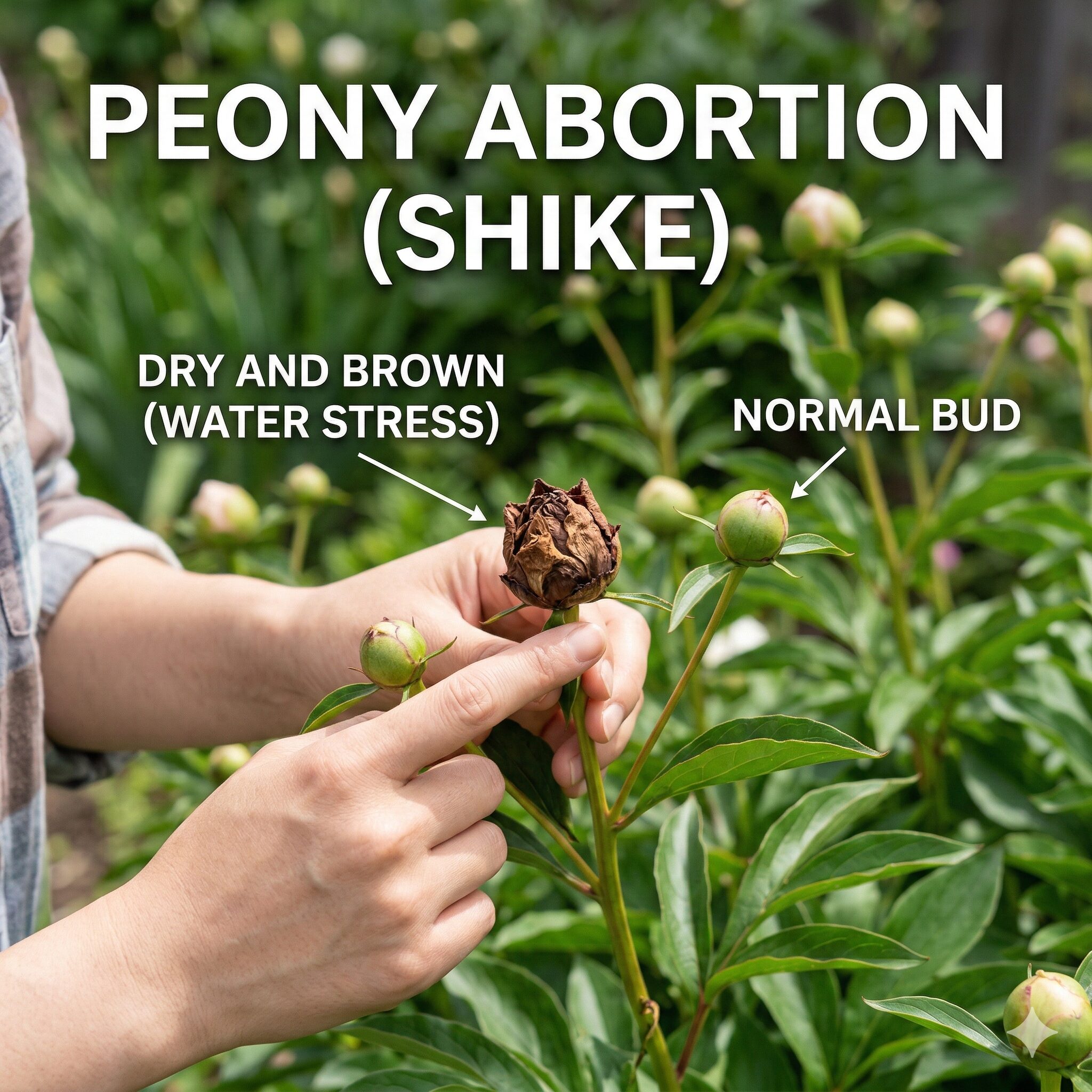 芍薬 育て方 難易度3　成長が止まり茶色くシケてしまった芍薬の蕾と健康な蕾の比較