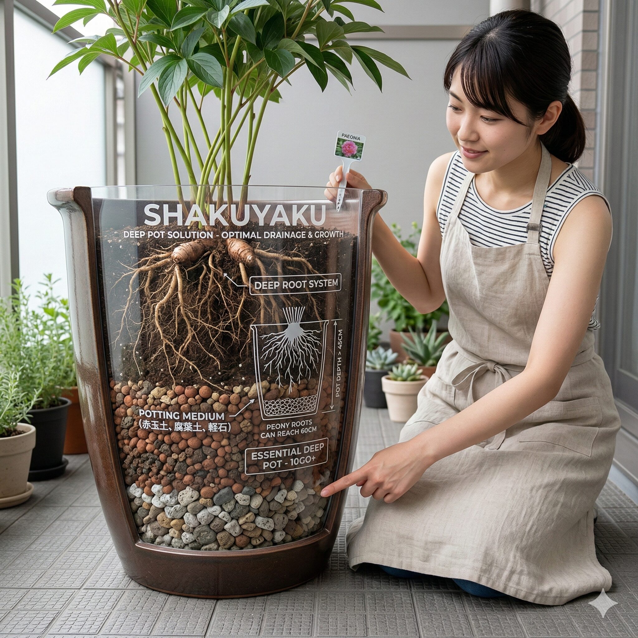 芍薬 育て方 難易度4　芍薬の深根性の性質に合わせた10号以上の深鉢による鉢植え栽培の様子