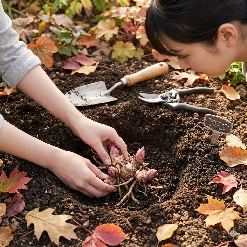 芍薬 育て方 難易度5　秋の適期に堆肥を混ぜた肥沃な土壌へ芍薬の根茎を植え付ける作業