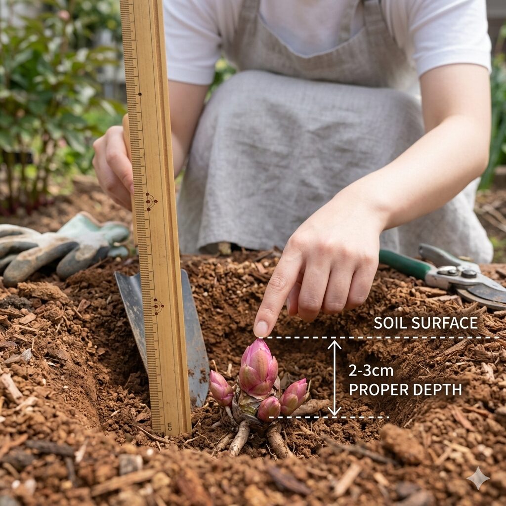 芍薬 育て方 難易度6　芍薬の植え付けで芽の深さを地表から2〜3cmに正確に調整する様子