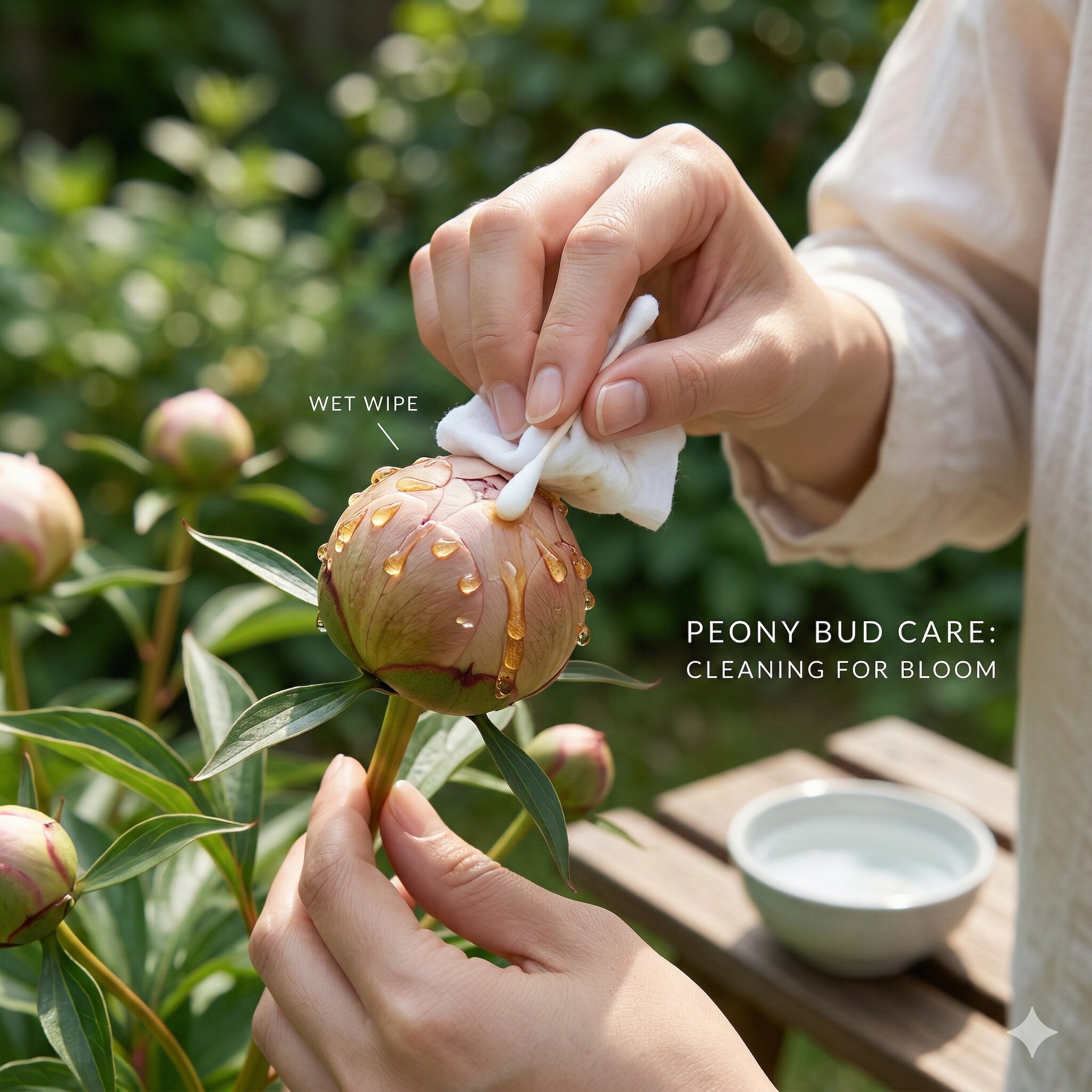芍薬 育て方 難易度7　芍薬の開花を助けるために蕾に付いたベタベタする蜜を濡れた布で拭き取る作業