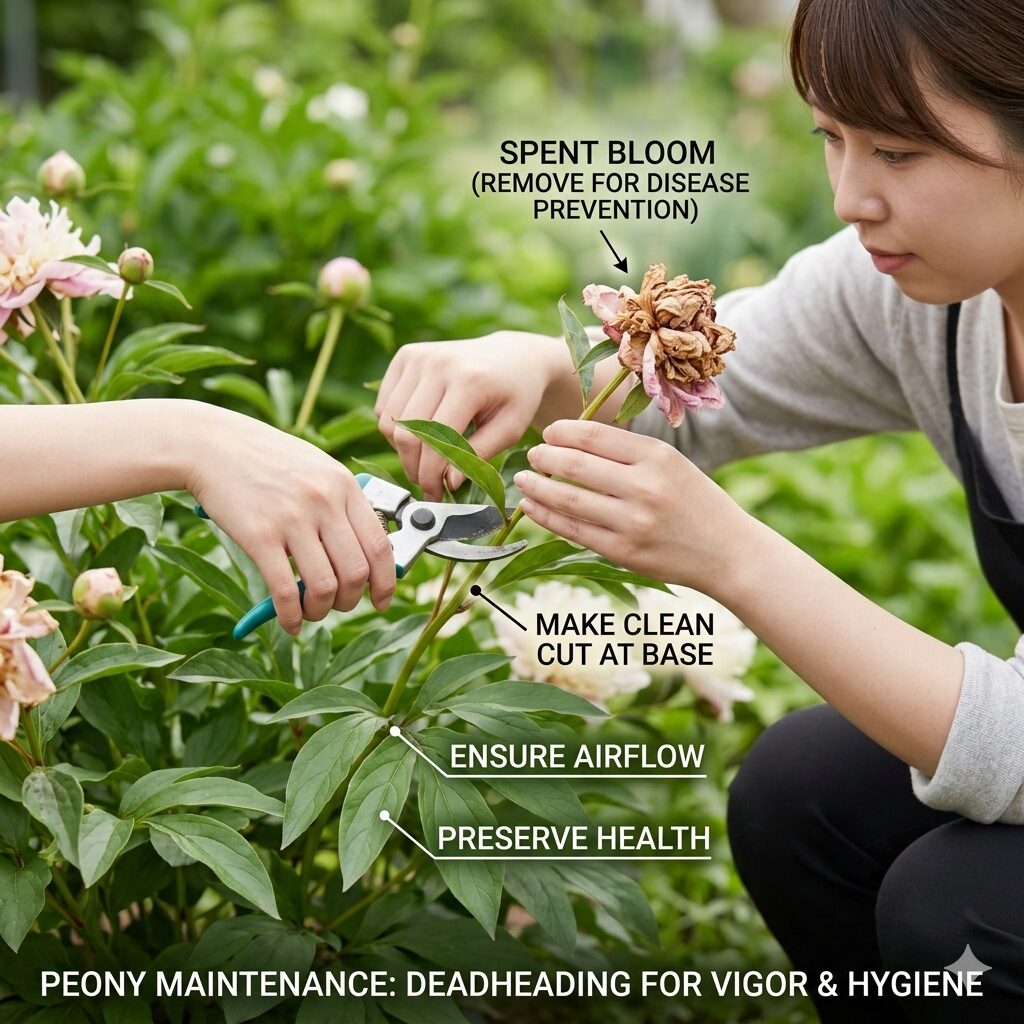 芍薬 育て方 難易度8　病気予防のために芍薬の終わった花を剪定バサミで適切に摘み取るメンテナンス