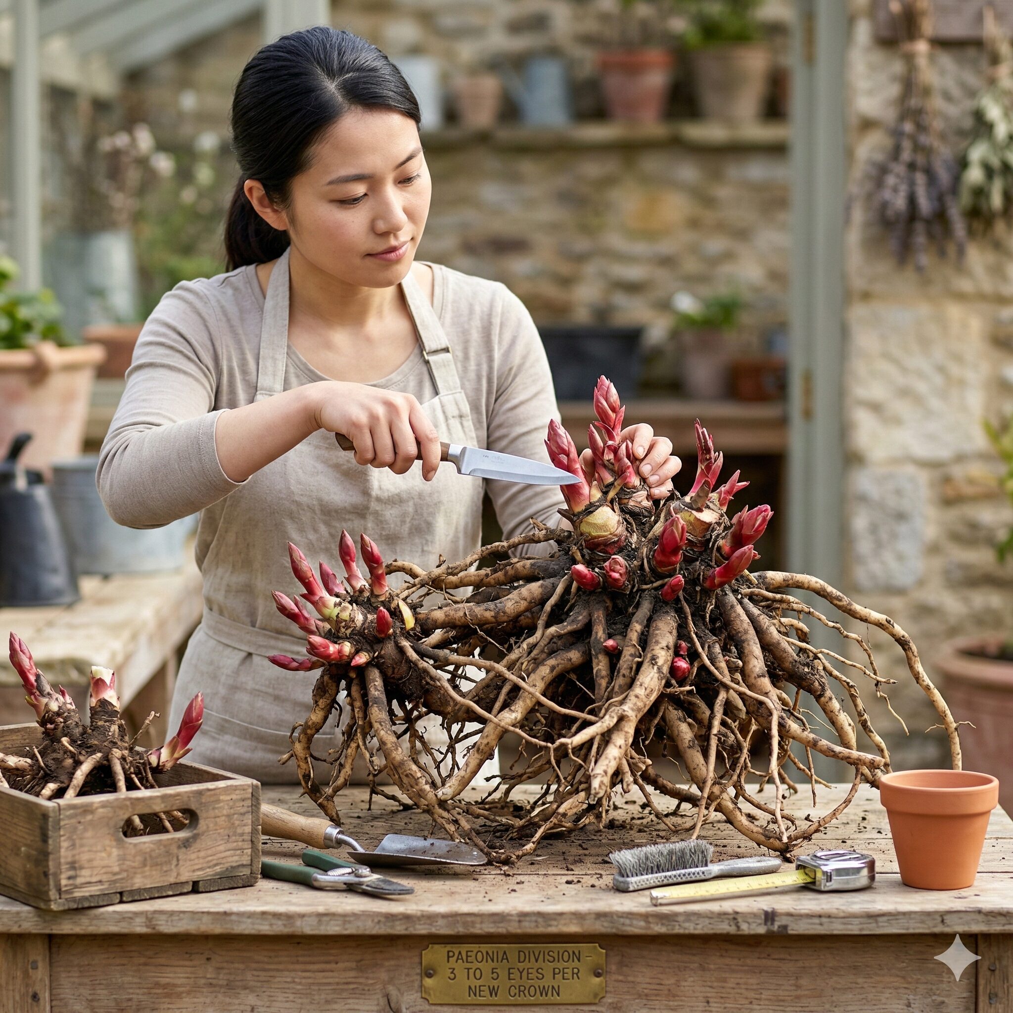 芍薬 育て方 難易度9　株分けのために掘り上げられ芽の位置を確認した芍薬の大きく立派な根茎