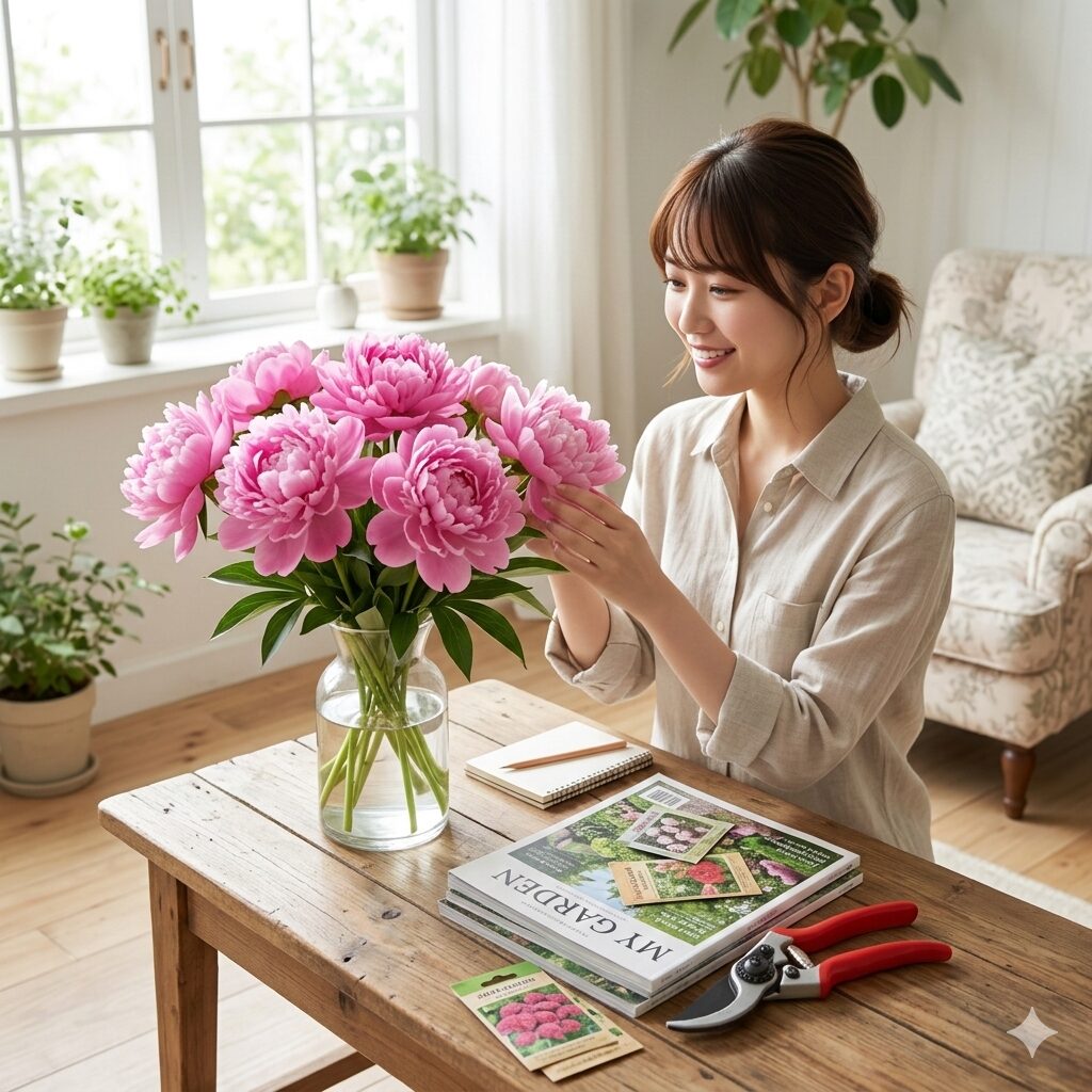 芍薬 花が咲かない1　満開に咲き誇る豪華なピンク色の芍薬を飾った室内。