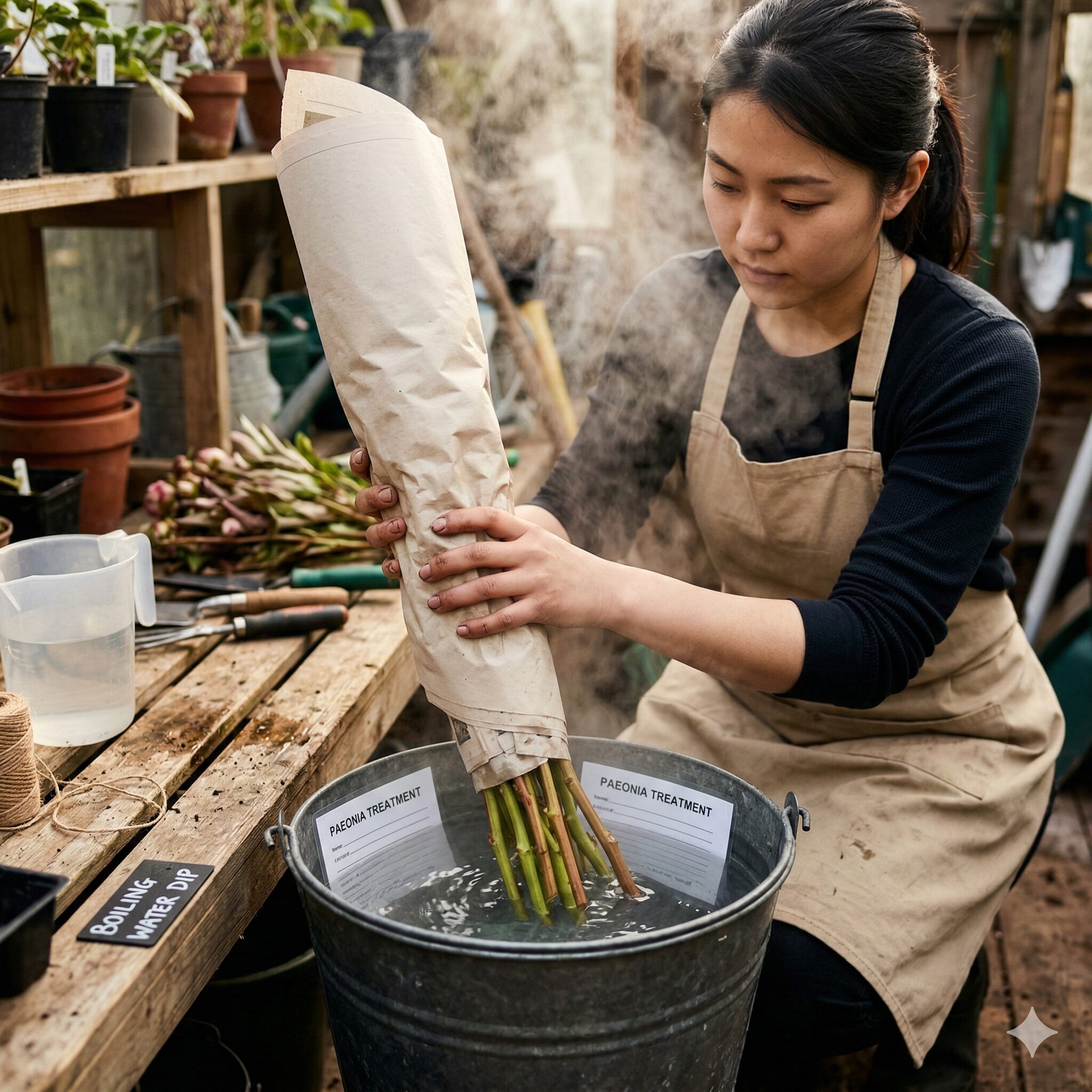 芍薬 花が咲かない3 芍薬の吸水を助けるために新聞紙で花を保護して行う湯揚げの作業。