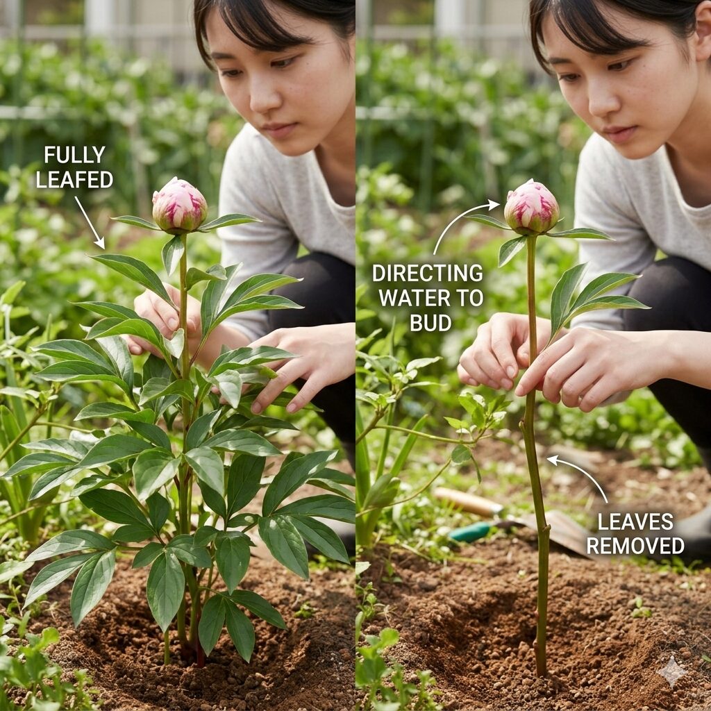 芍薬 花が咲かない4 芍薬の切り花を長持ちさせるために不要な下葉を整理した茎の状態。