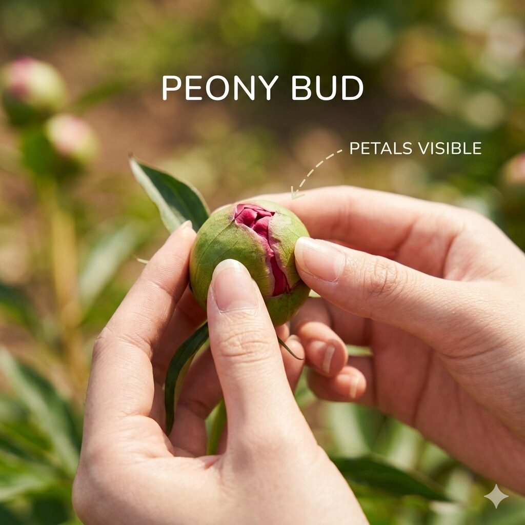 芍薬 花が咲かない6 固く閉じて開かない芍薬の蕾を指の腹で優しくマッサージする様子。