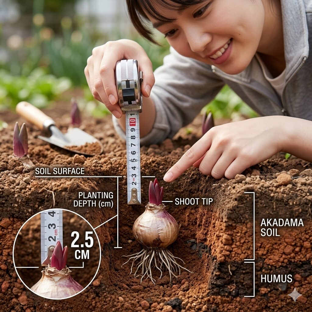 芍薬 花が咲かない7 芍薬の芽が地表から2〜3cmの適切な深さになるよう植え付ける様子。