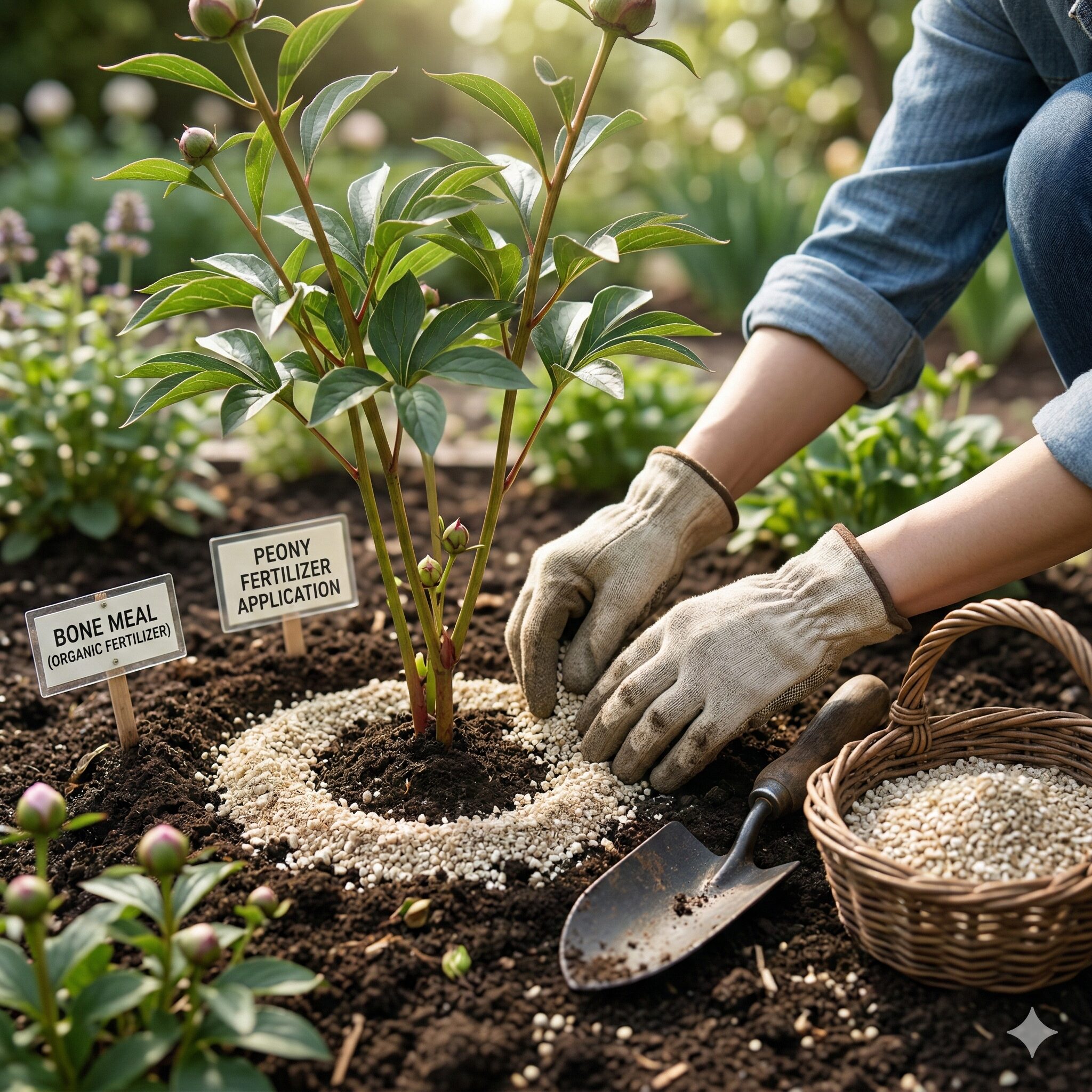 芍薬 花が咲かない8 芍薬の花芽形成を助けるために株元へリン酸多めの肥料を施す追肥。