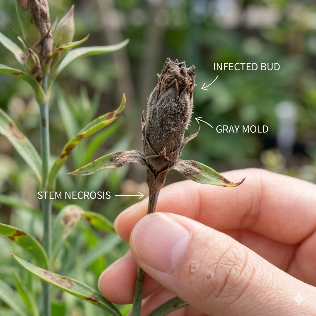 芍薬 花が咲かない9 灰色かび病(ボトリチス菌)によって黒ずんで枯れてしまった芍薬の蕾。