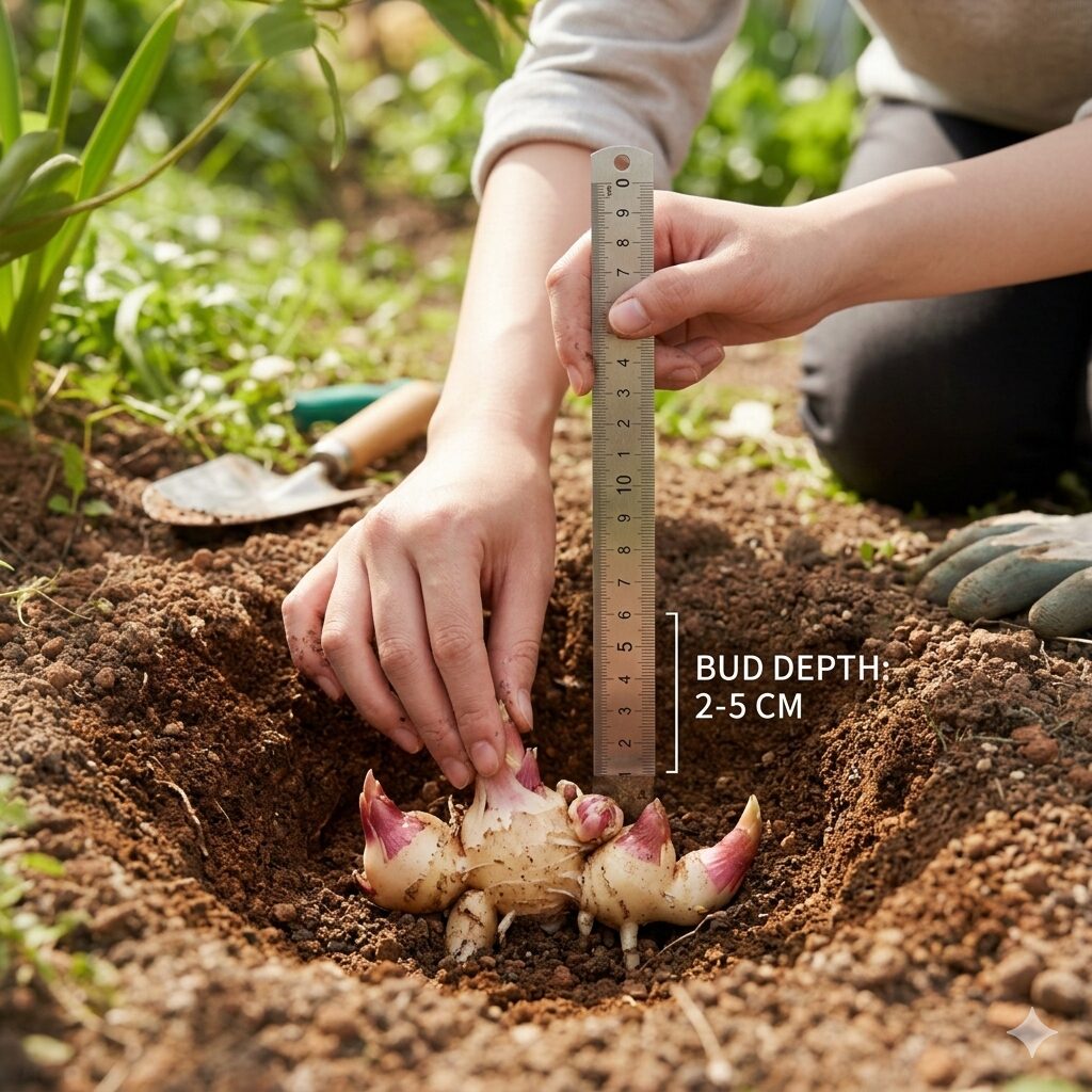 芍薬 葉っぱだけ2　芍薬の根茎を適切な深さに植え付けるための測定の様子