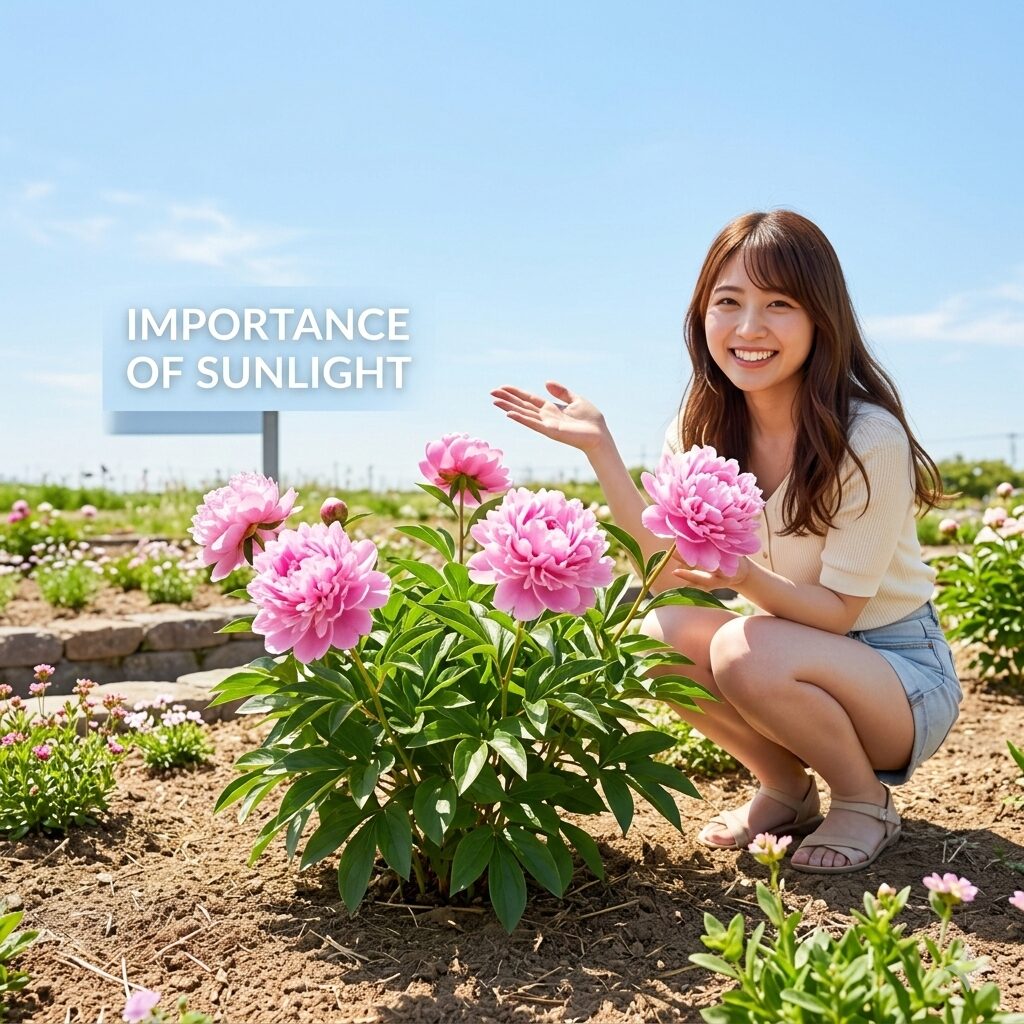 芍薬 葉っぱだけ4　日当たりの良い庭の特等席で日光を浴びて育つ芍薬の株