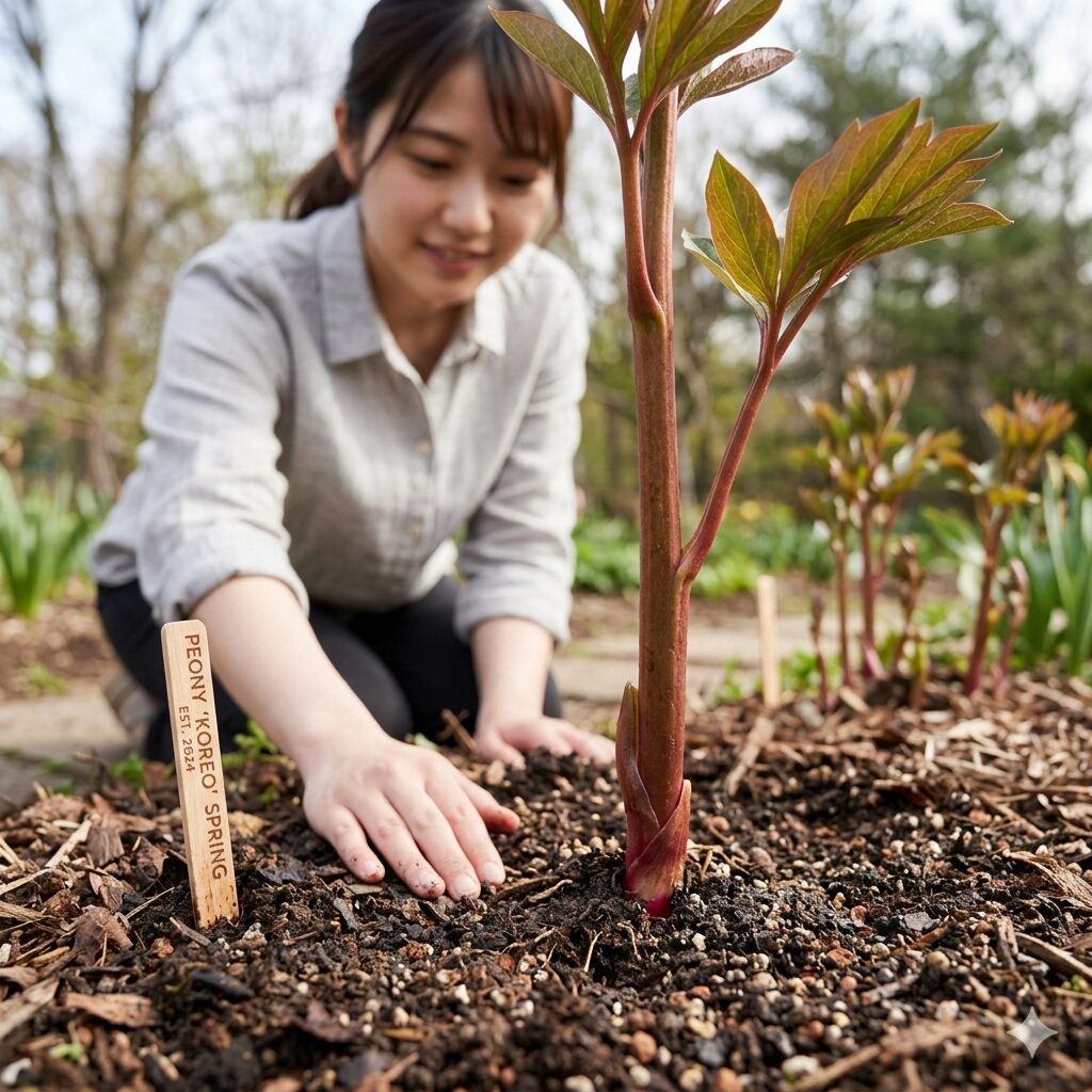 芍薬 葉っぱだけ5　花が咲く前の準備段階にある健康で太い茎を持つ芍薬の若株