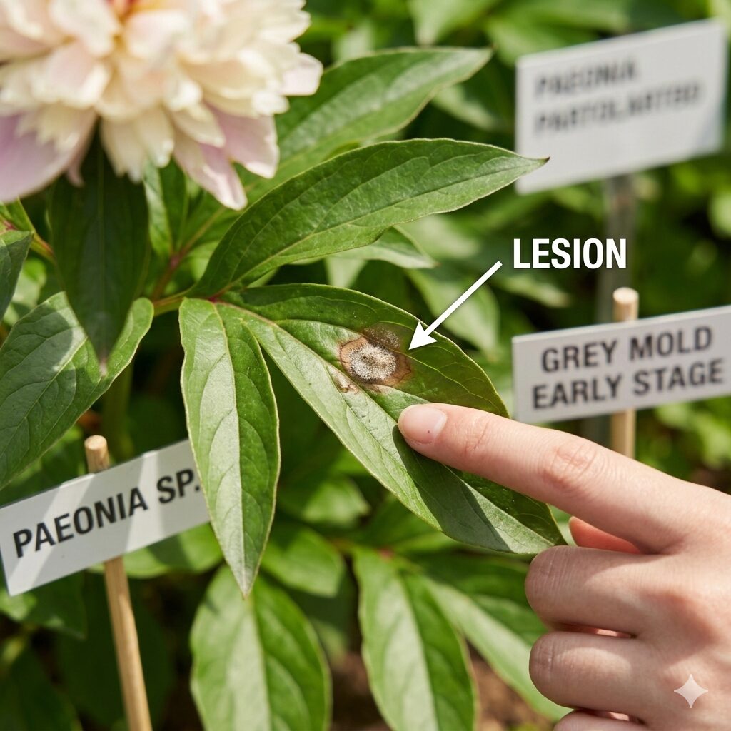 芍薬 葉っぱだけ6　芍薬の葉に現れた灰色かび病の初期症状と茶色の斑点