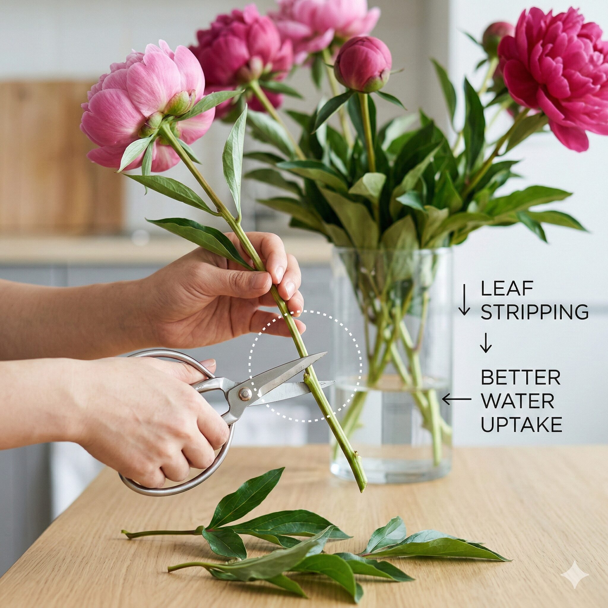 芍薬 葉っぱだけ7　切り花の芍薬の余分な葉を整理して水揚げを促進する手順