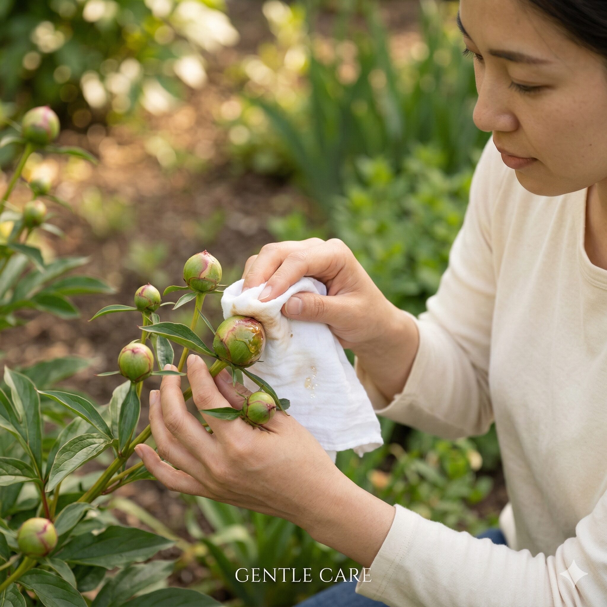 芍薬 葉っぱだけ8　芍薬の蕾の表面についたベタベタした蜜を優しく拭き取るお手入れ