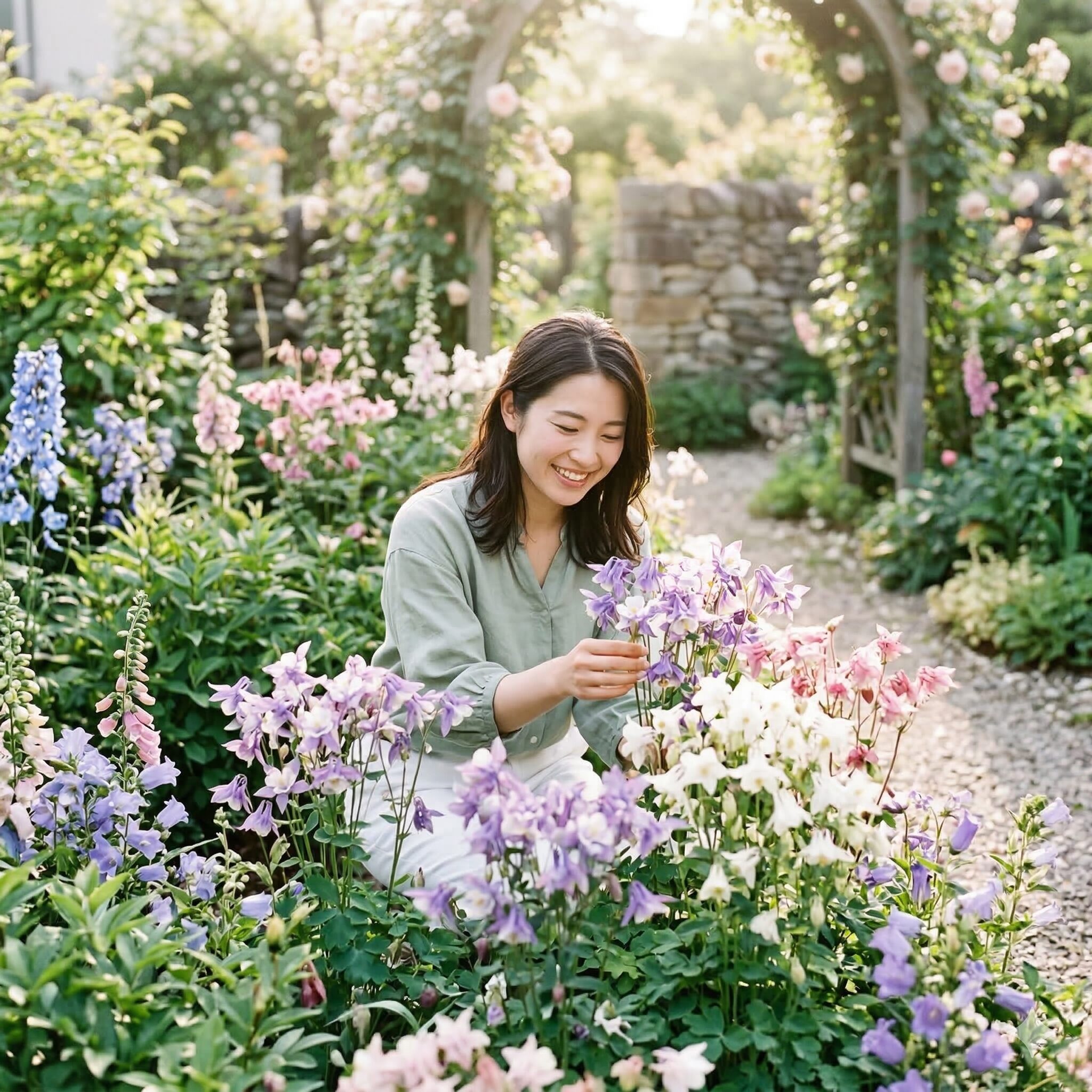 西洋 オダマキ 寿命1　庭に満開に咲く西洋オダマキの華やかな花々とガーデニングの風景