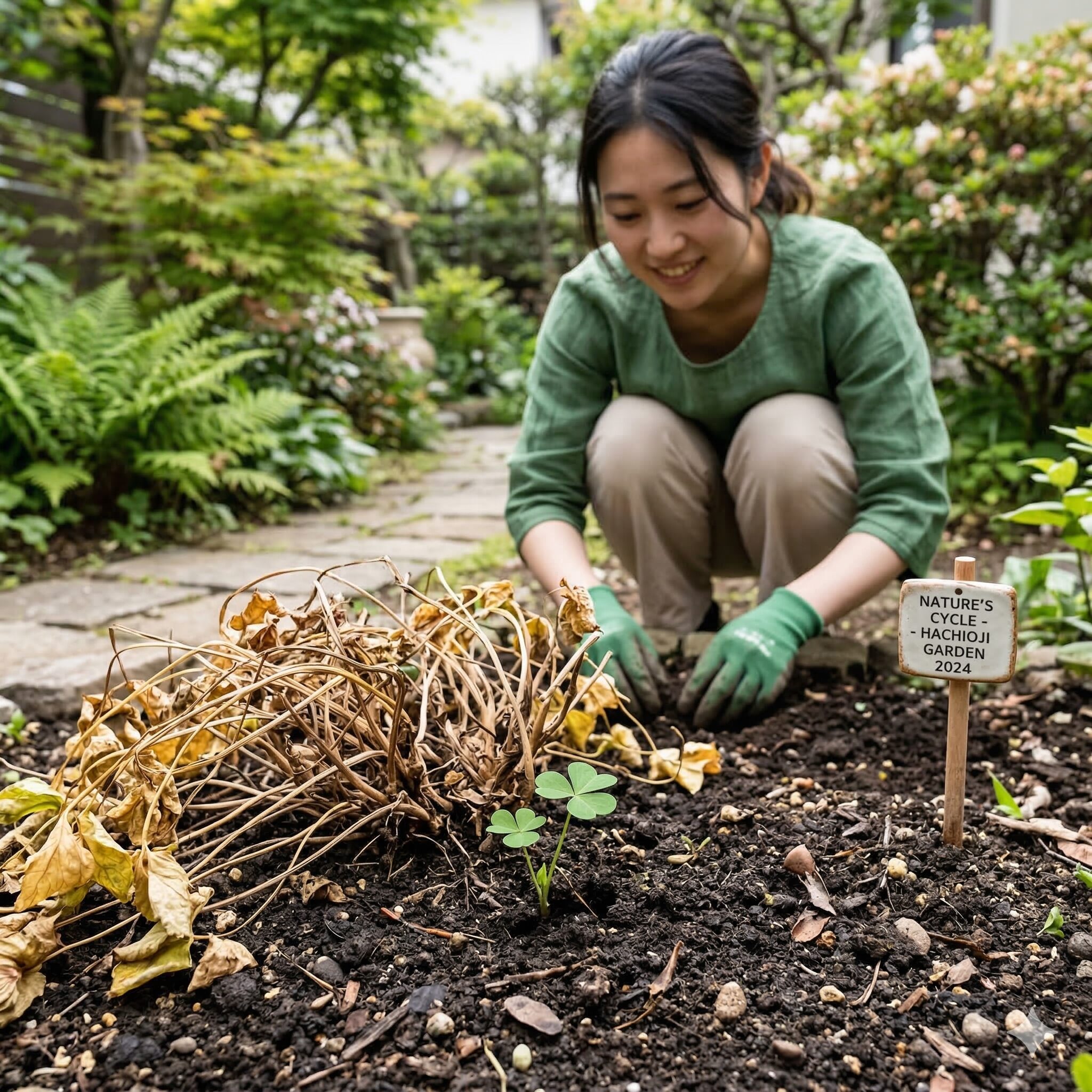 西洋 オダマキ 寿命10　親株の足元から自然に発芽し成長した西洋オダマキのこぼれ種の苗