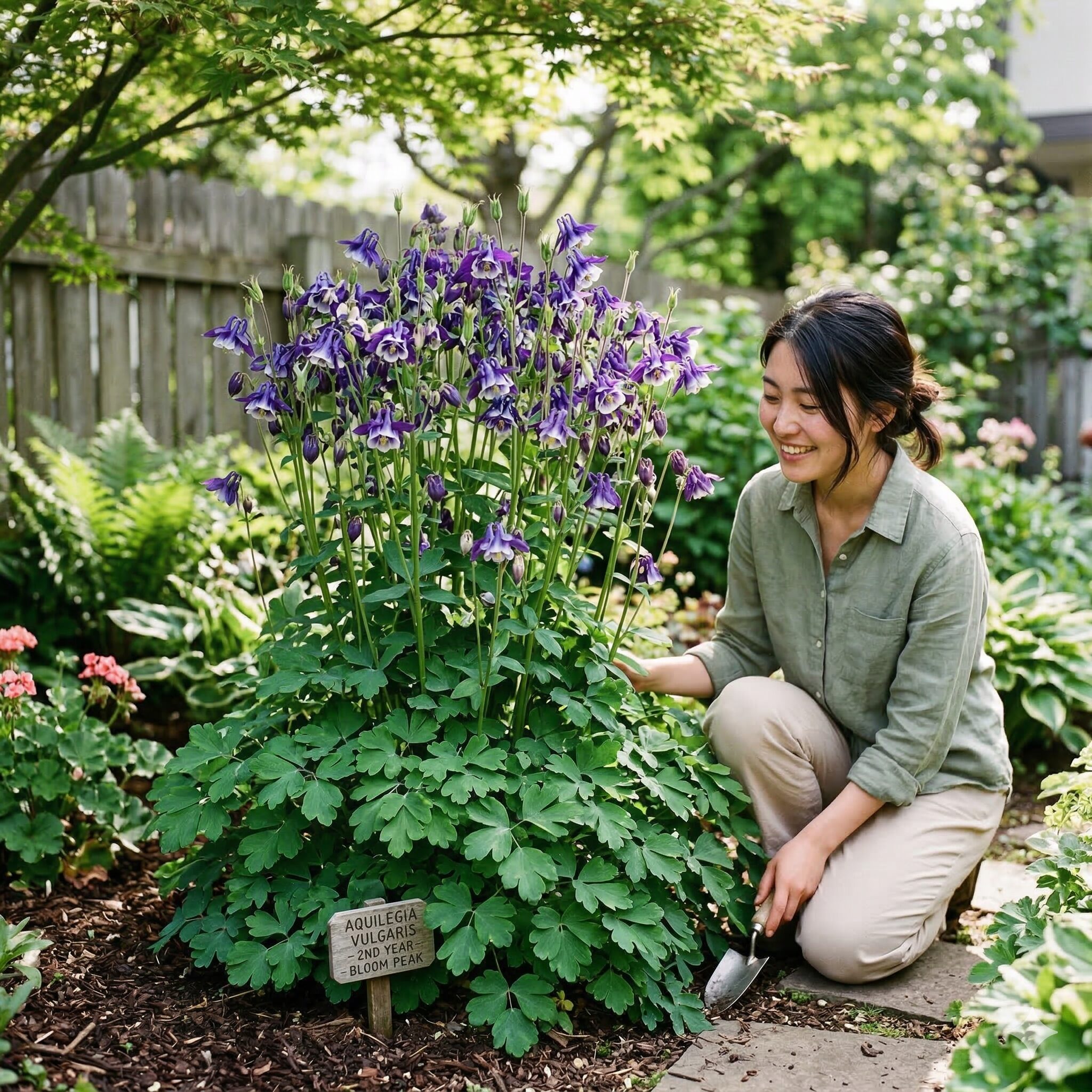 西洋 オダマキ 寿命2　寿命の全盛期を迎え、葉と花茎が力強く成長した健康な西洋オダマキの株