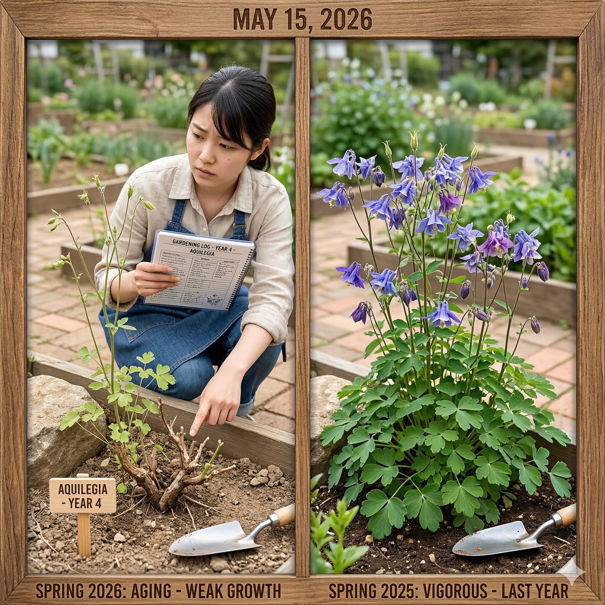 西洋 オダマキ 寿命3　老化によって芽吹きが弱くなり花数が減った寿命間近の西洋オダマキのサイン