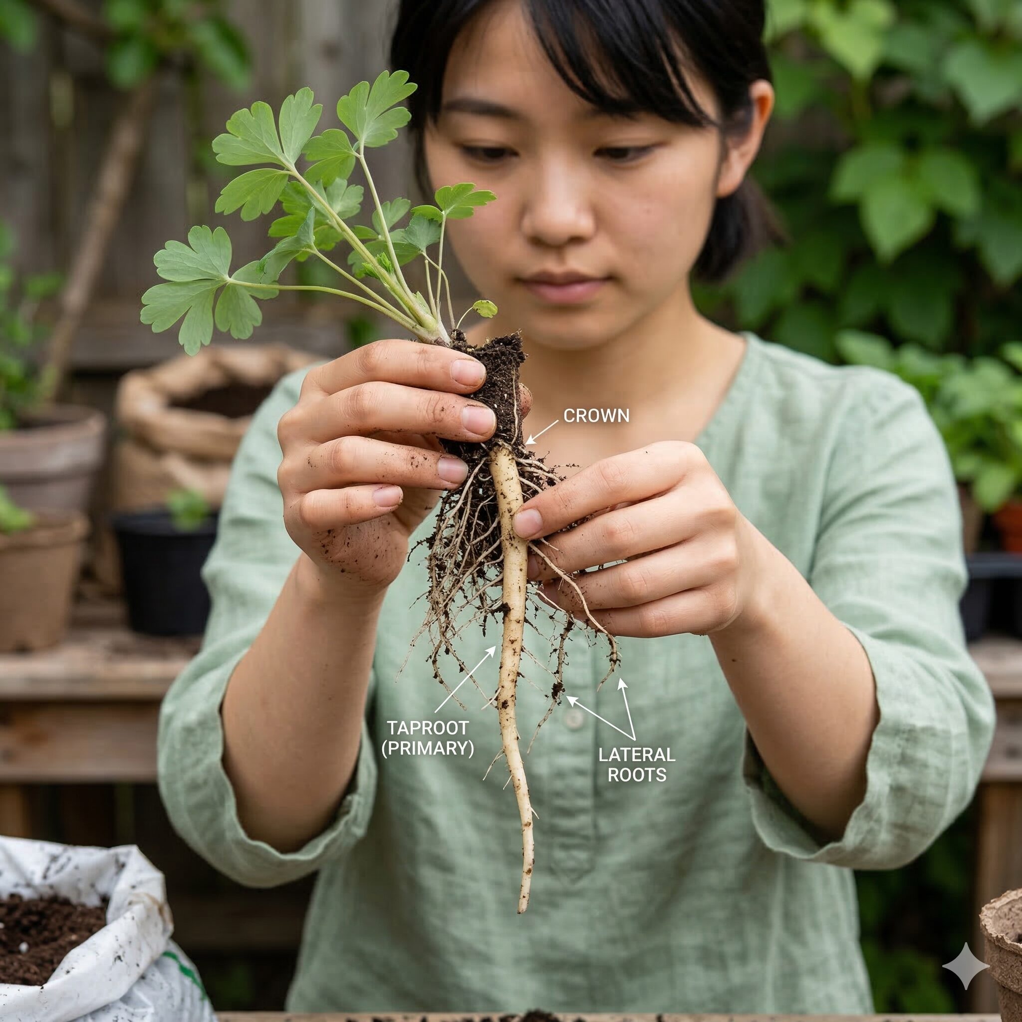 西洋 オダマキ 寿命4　西洋オダマキの直根性の特徴である太く垂直に伸びた健康な主根