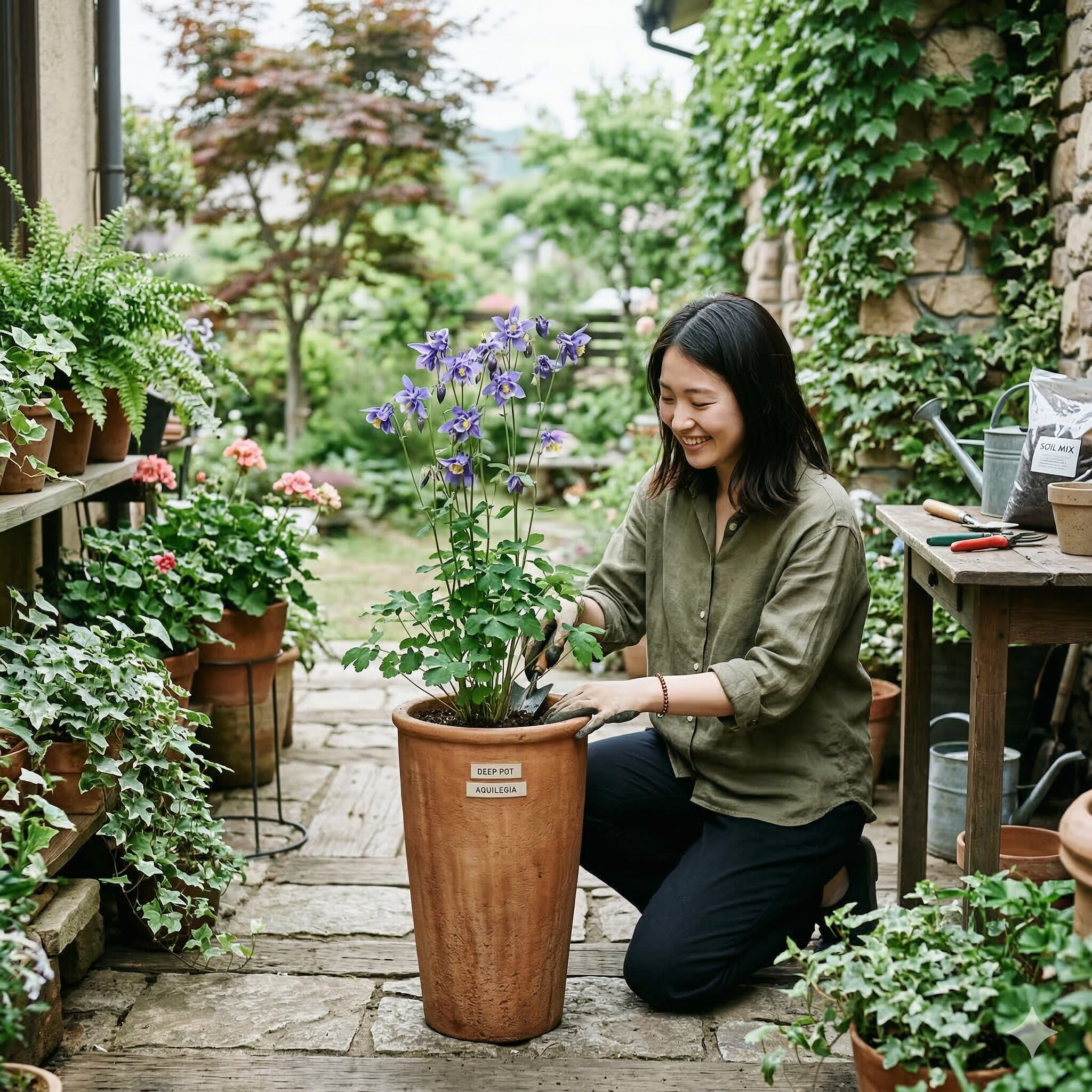 西洋 オダマキ 寿命5　根詰まりを防ぎ寿命を延ばすために深鉢に植えられた西洋オダマキの鉢植え