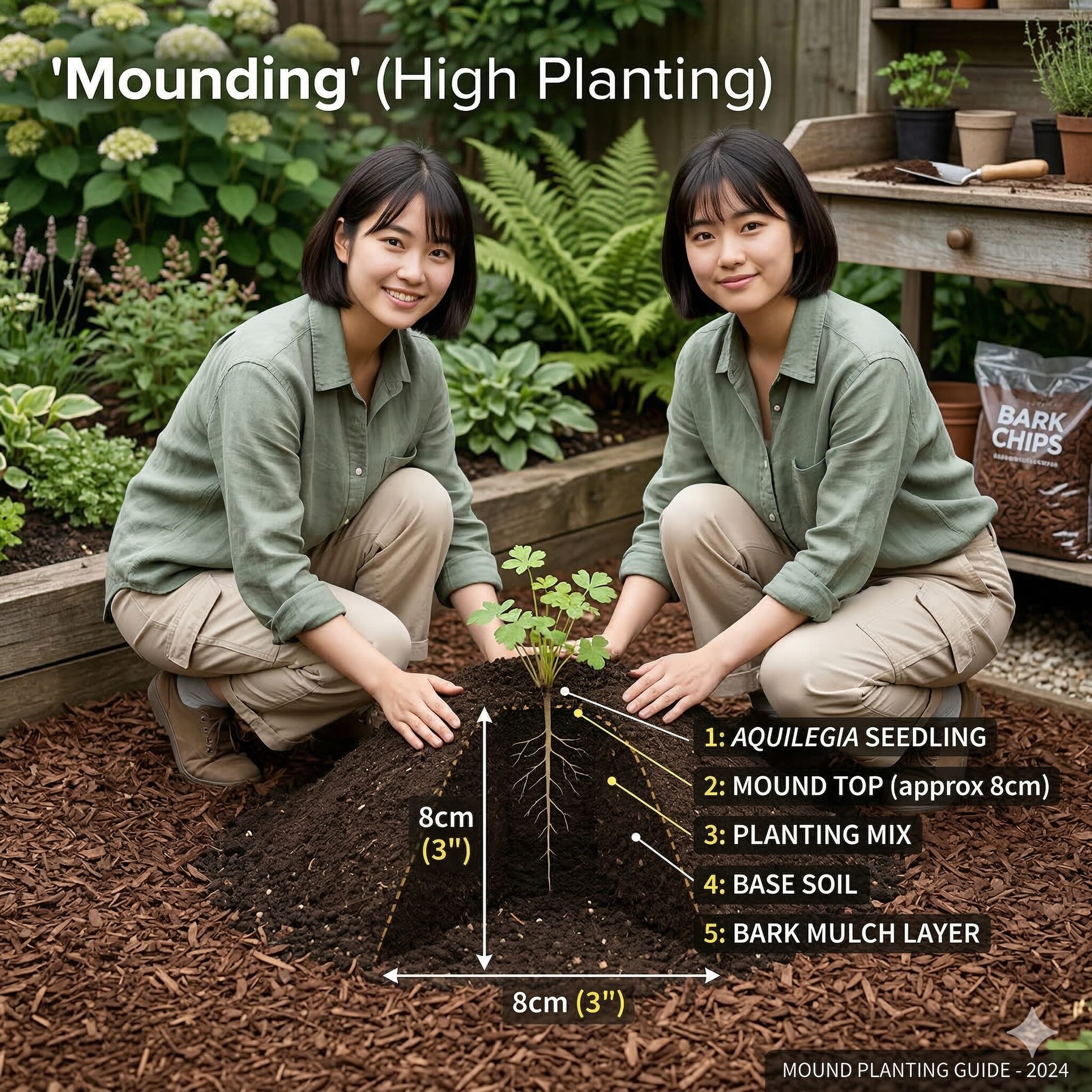 西洋 オダマキ 寿命6　排水性を高め根腐れを防ぐために高植え（マウンド）された西洋オダマキ