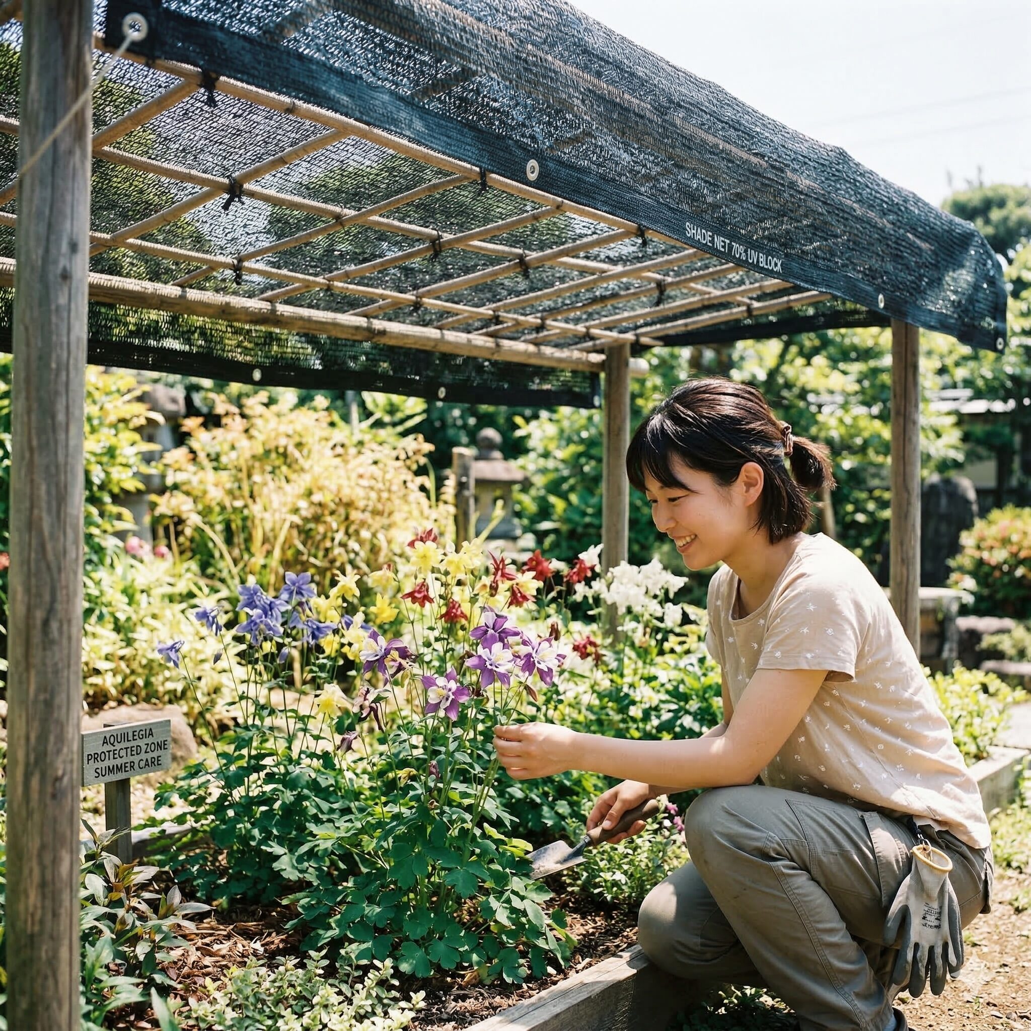 西洋 オダマキ 寿命7　日本の酷暑から西洋オダマキを守る遮光ネットによる夏越しの管理