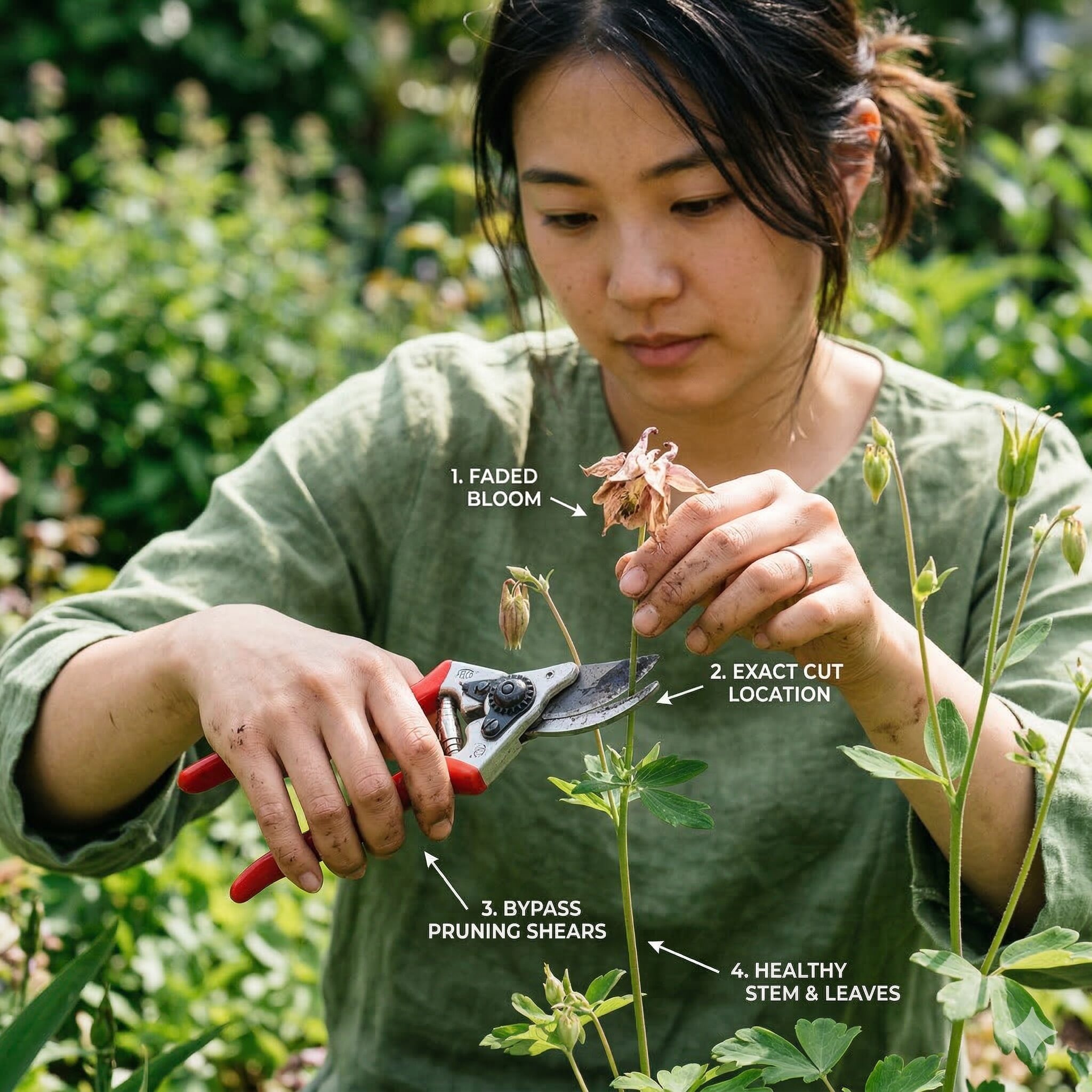 西洋 オダマキ 寿命8　翌年の活力を温存するために西洋オダマキの花がらを摘む剪定作業